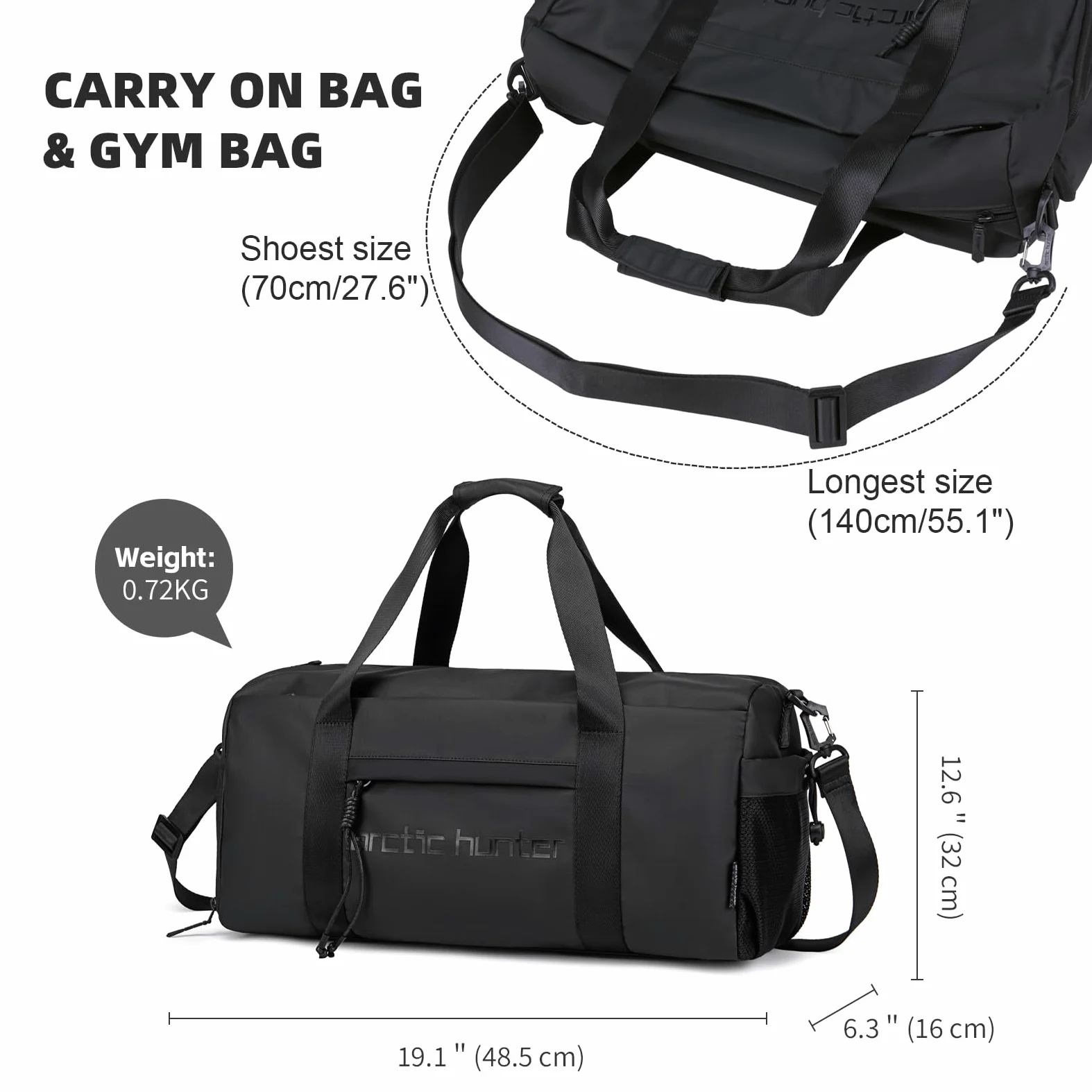 ARCTIC Hunter - Bolsa de deporte pequeña para hombres y mujeres, con compartimento para zapatos, ideal para deportes, viajes y viajes nocturnos, color negro, Negro -, 19.1*6.3*12.6 inch, Deporte