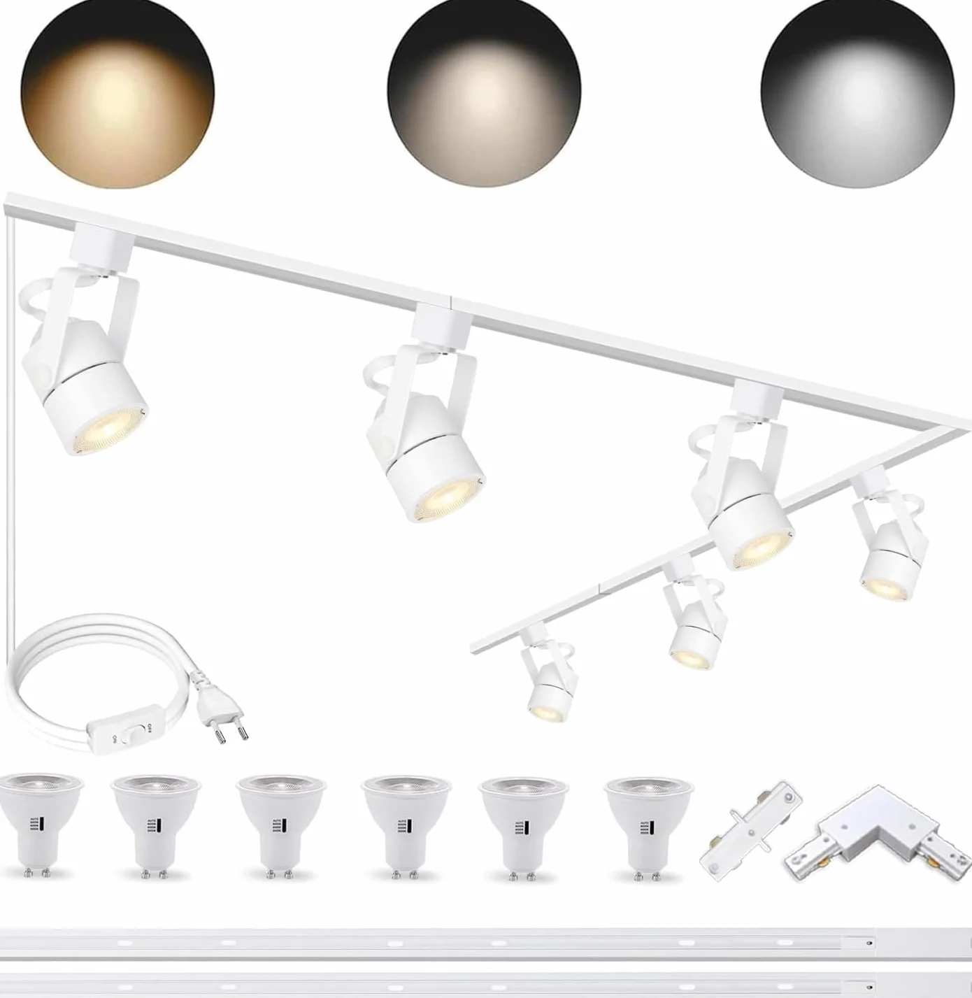 Kit de iluminación LED regulable GU10 10W 3CCT 3000K/4000K/6000K con riel en H 2x1m 6 bombillas intercambiables