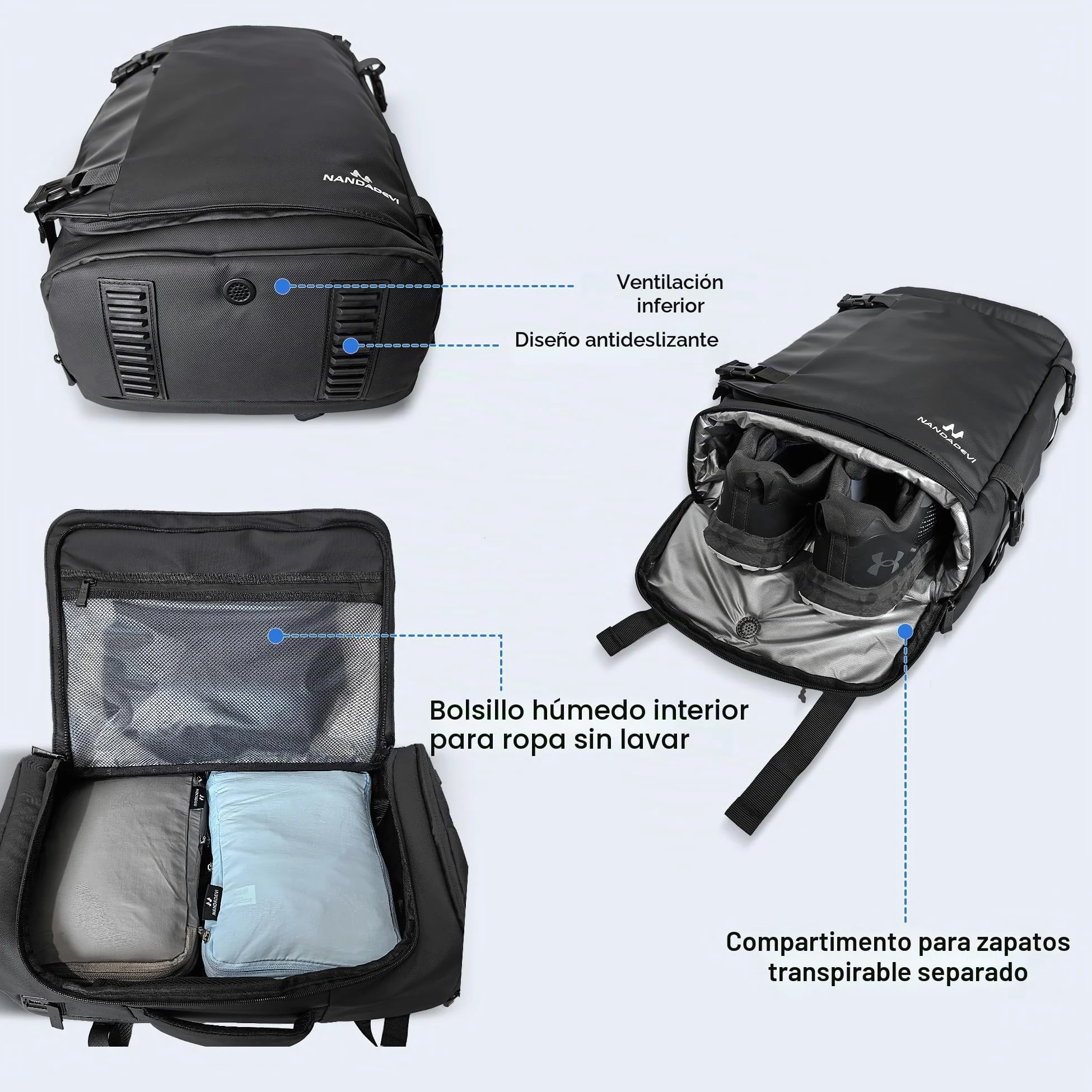NANDADEVI Mochila para hombre, 40 l, grande, resistente al agua, con aislamiento en seco y húmedo, mochila para portátil de 17,3 pulgadas, Negro , 49 x 31 x 20 cm, 40 l