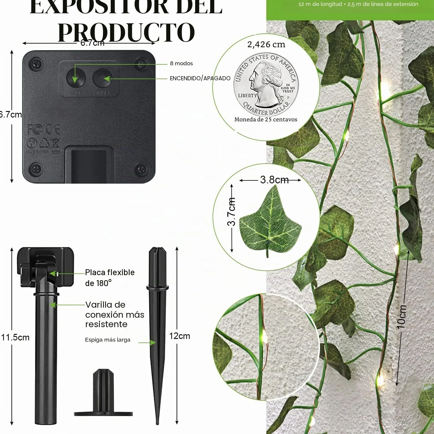 A.bigwhale 12M 120 LED Guirnalda Luces Exterior Solar, Hiedra Artificial con Luces Solares, 8 Modos Impermeable