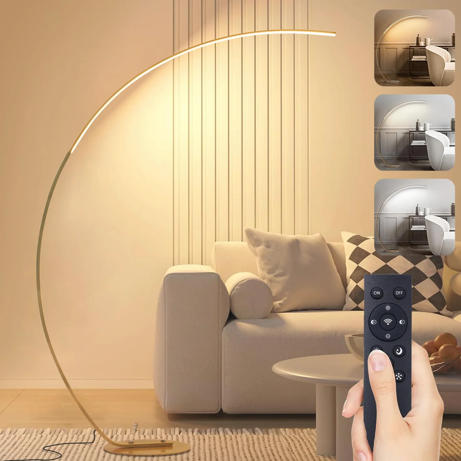 Lámpara de Pie LED 25W Regulable con Mando a Distancia Arco 165cm Dorado