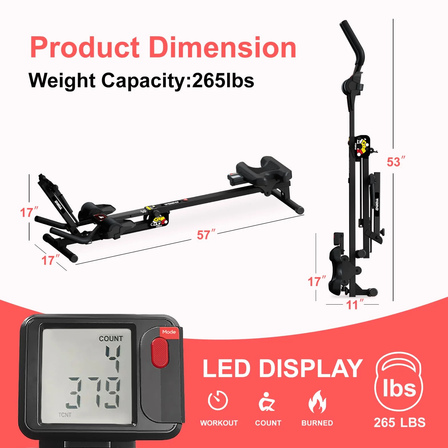 TODO 3 en 1 Maquina de Remo para Casa, Multifuncional Máquina Remo con 2 Intensidades Regulable, AB Maquina Abdominales Remo Fitness Silenciosa para Uso Doméstico, Máxima 120KG