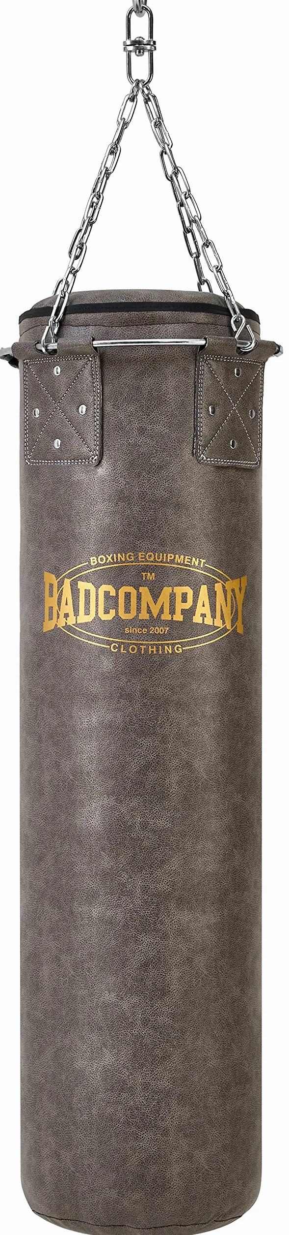 Bad Company Saco de boxeo vintage con cadena de acero de 4 puntos y anillo de metal, piel sintética, relleno o sin rellenar, 80/100/120/150/180 x 35 cm