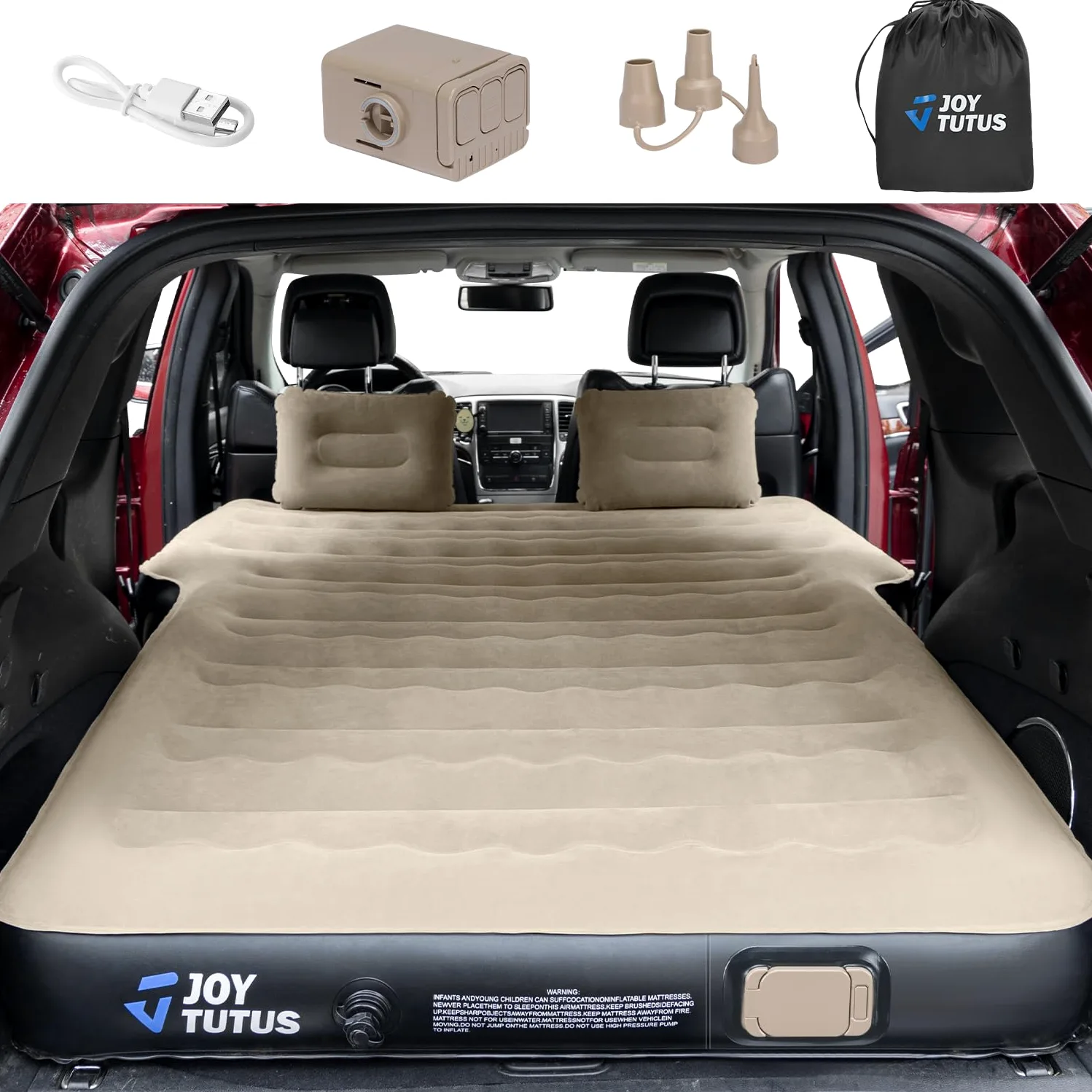 JOYTUTUS Colchón inflable SUV para acampar al aire libre, flocado suave y superficie Oxford extragruesa, colchón de aire para SUV, cama de campamento con bomba de aire integrada mejorada, 2 almohadas