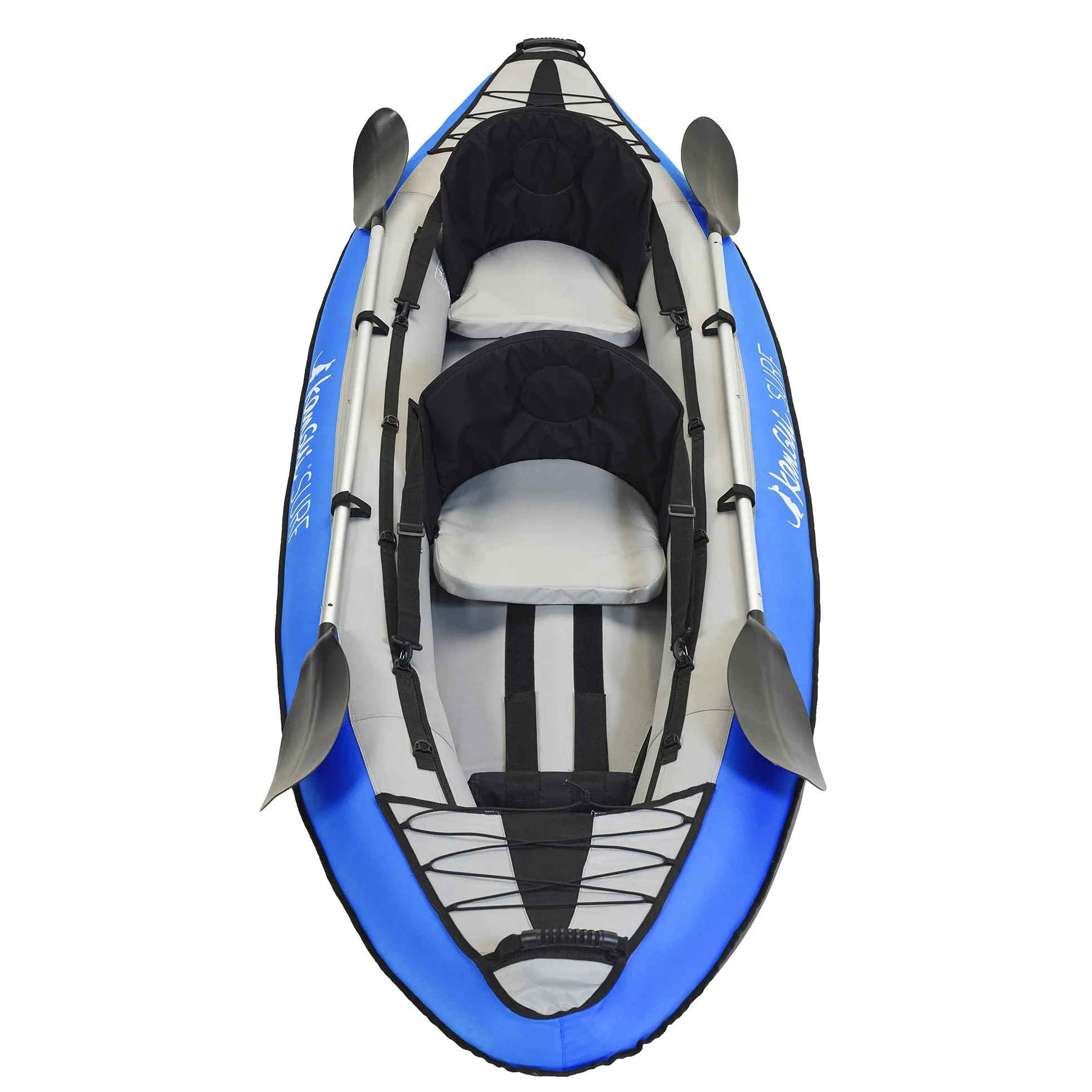 Kangui Canoa Kayak hinchable azul de 1 a 2 plazas, remo + bolsa de transporte + bomba de doble acción + kit de reparación