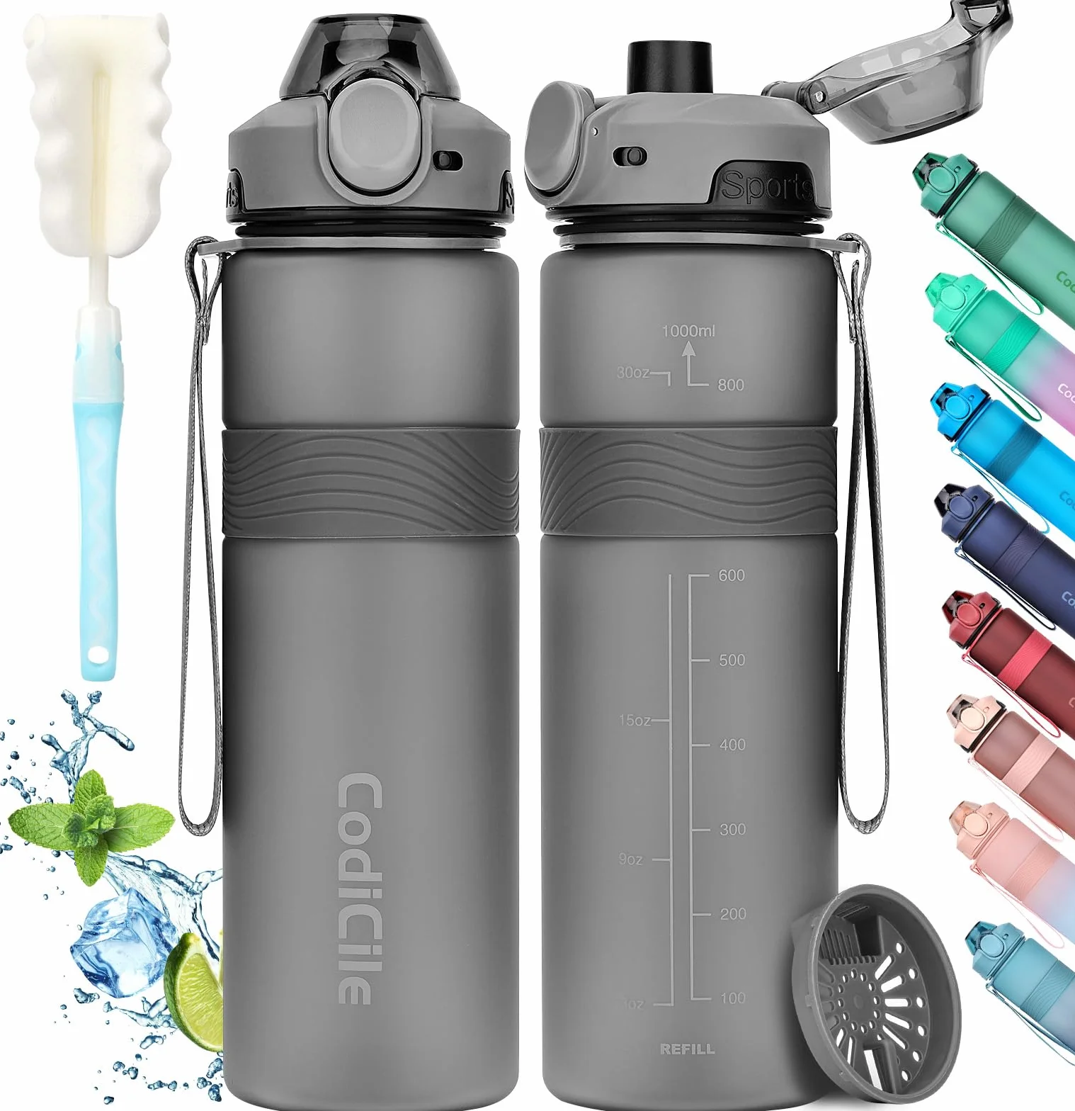 CodiCile Botella Agua, Botella de Agua Deportiva sin BPA, Botella Gimnasio a prueba de fugas, Botella agua 1 litro ideal para gym, escuela, oficina y viajes (Gris oscuro)