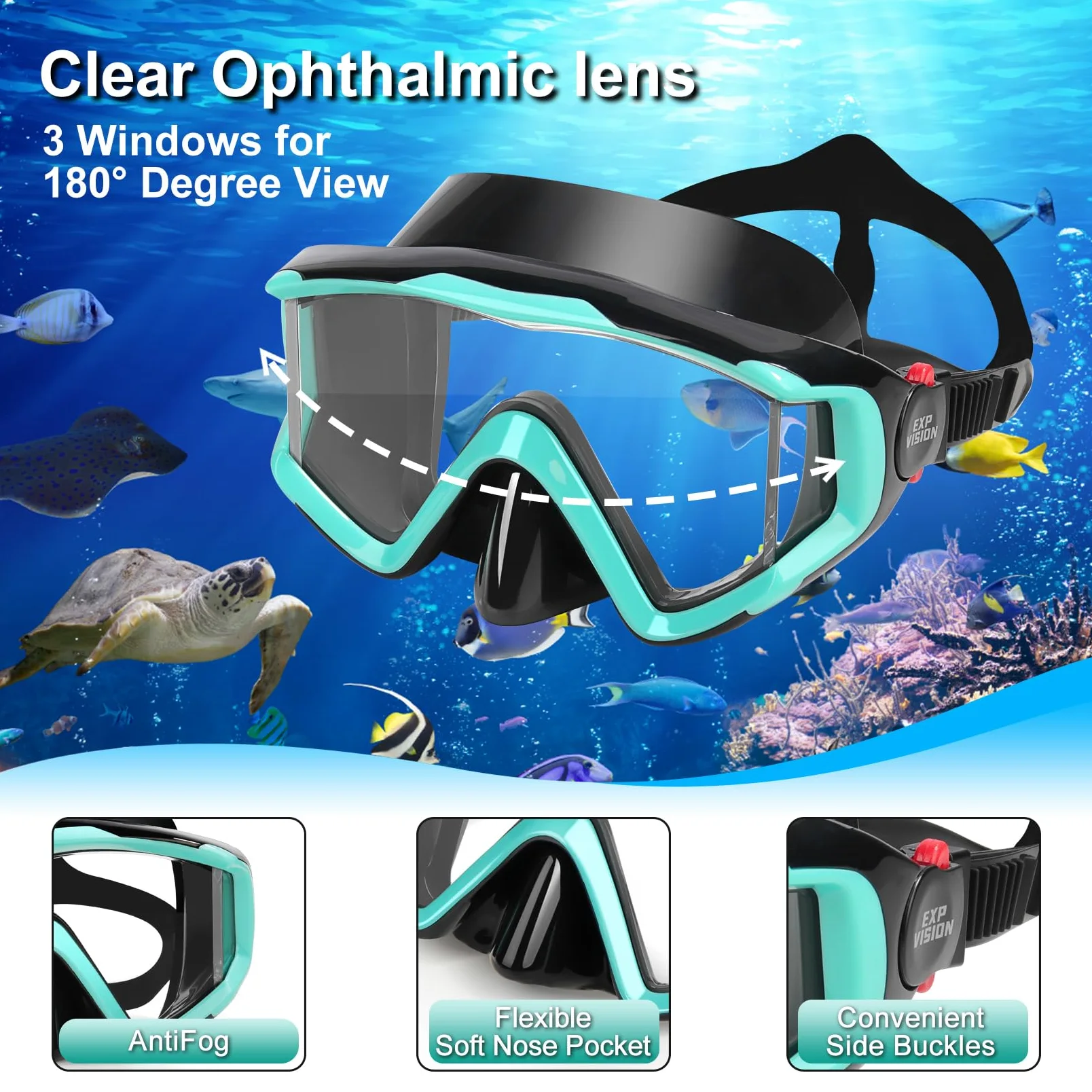 Pano - Juego de esnórquel seco, máscara de esnórquel de 3 Ventanas, Gafas de Buceo antivaho y esnórquel, Equipo Profesional de máscara de natación para Adultos