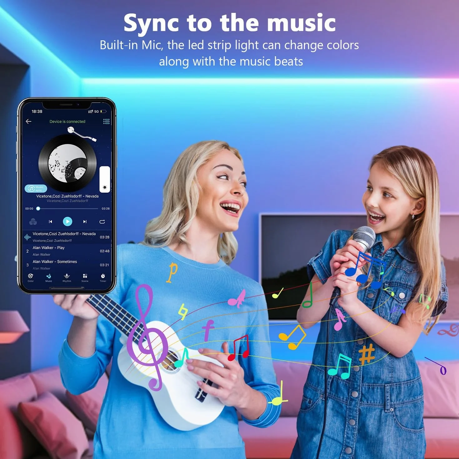 Goffii Tira LED 15 Metros, Luces LED Habitacion RGB Bluetooth con Control Remoto y APP, Cambia Color con Musica para Decoracion