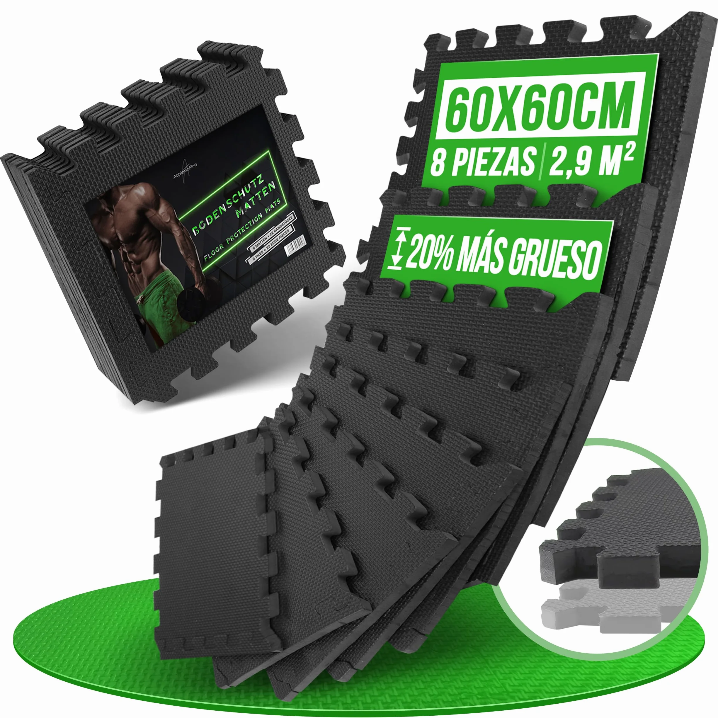AthleticPro Esterilla protectora para el suelo Fitness [60 x 60 cm] – 18 alfombrillas extra gruesas [20% más protección] – Esterillas protectoras antideslizantes para gimnasio y dispositivo de fitness