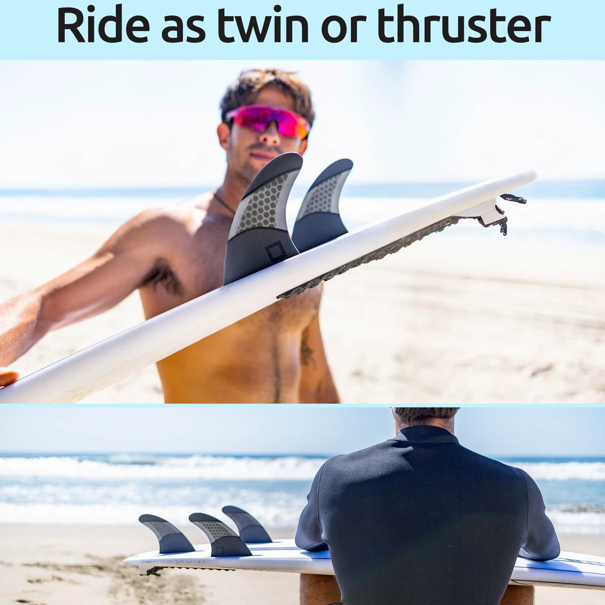 Juego de aletas de empuje mediano (3 aletas), panal con aletas de fibra de carbono para tabla de surf, compatible con tablas de surf Futures de una sola pestaña, monta como Twin o