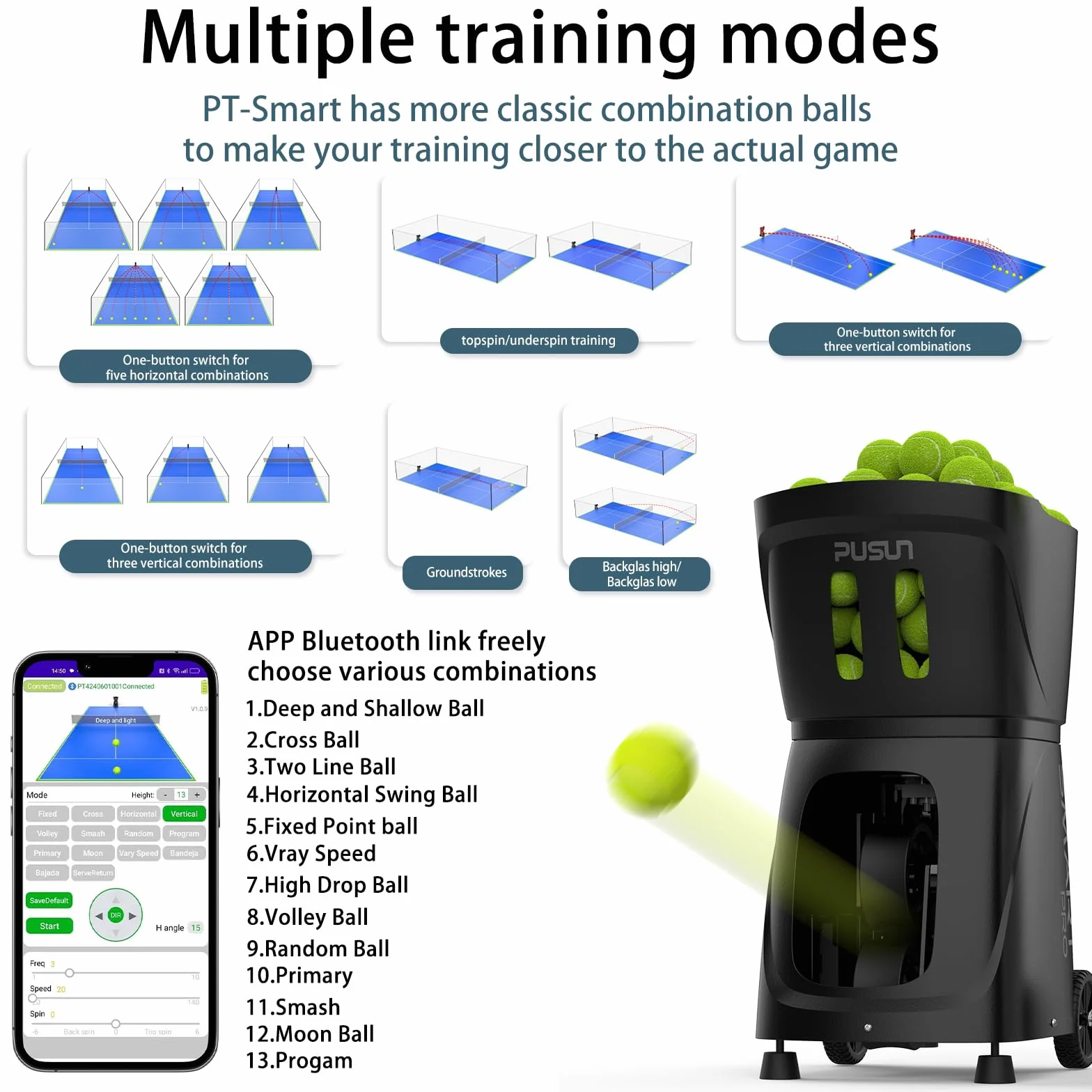PUSUN Padel-Smart PRO-Máquina profesional de pelotas de pádel con tecnología de giro interno - Control inteligente por aplicación - Capacidad de más de 100 pelotas - 4-6 horas de duración de la