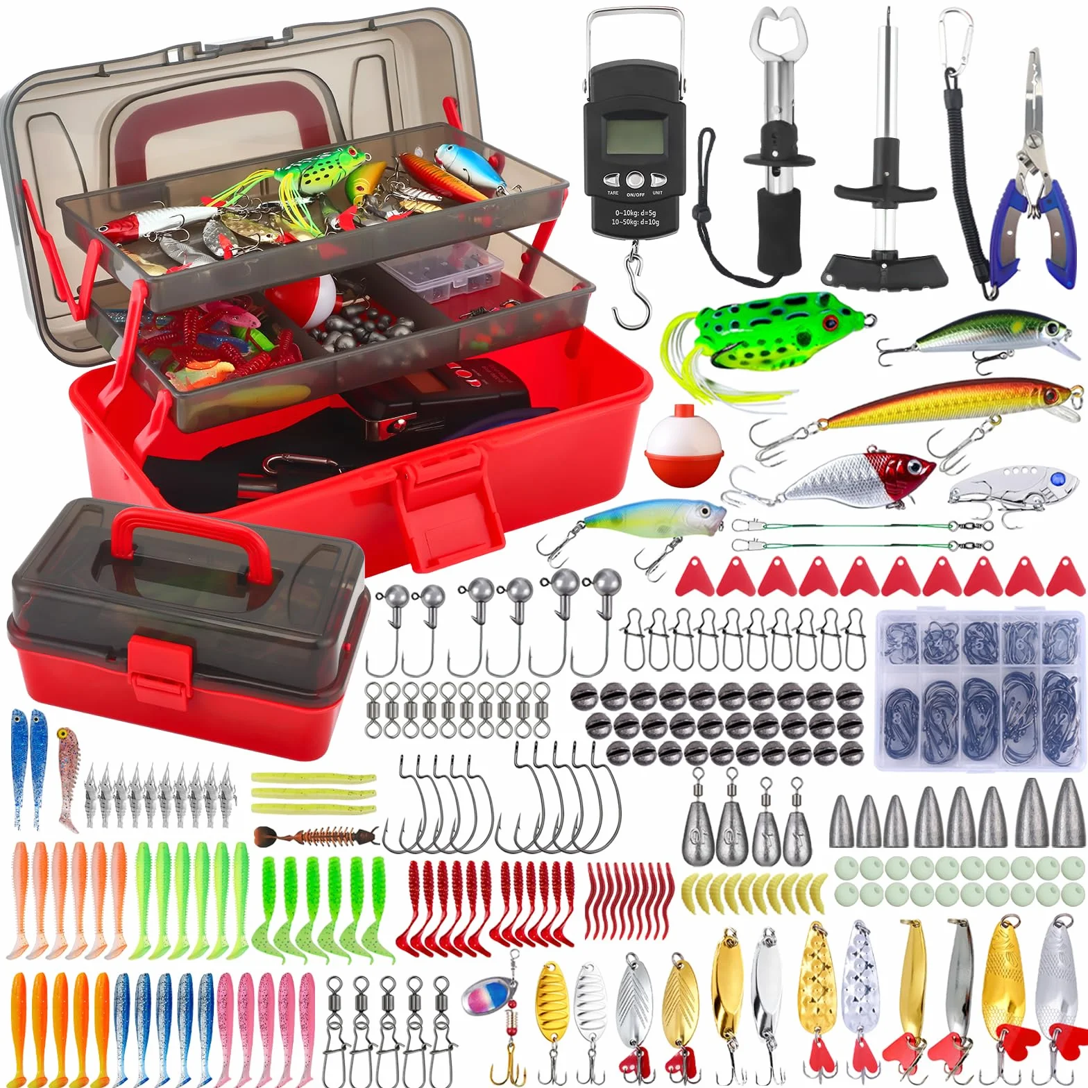 Juego de señuelos de pesca, 314 unidades, accesorios de pesca y accesorios de pesca con clips para labios, anzuelos, pesos de pesca, maletín de 3 estantes con accesorios, equipo de pesca adecuado para