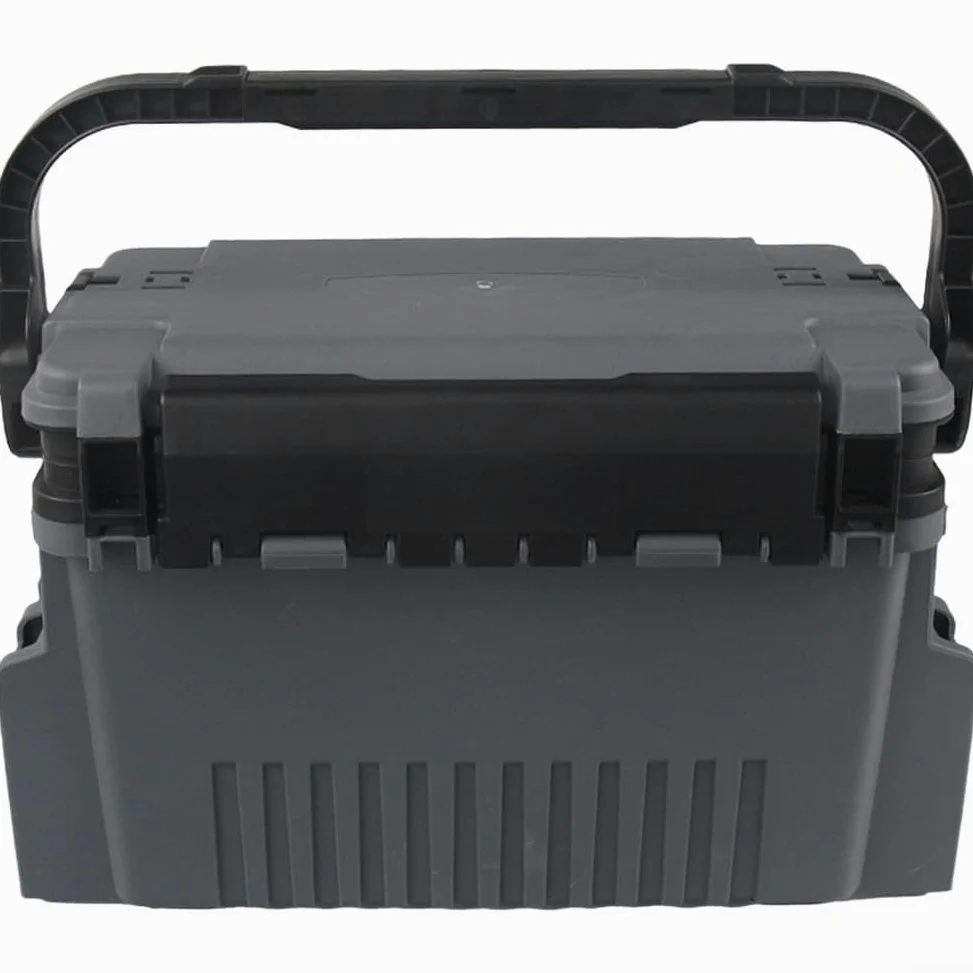 Caja de aparejos de pesca con asiento, almacenamiento multicapa de gran capacidad para señuelos y cebos, compartimentos ajustables, funda portátil para equipo de pesca en el mar con correa para el