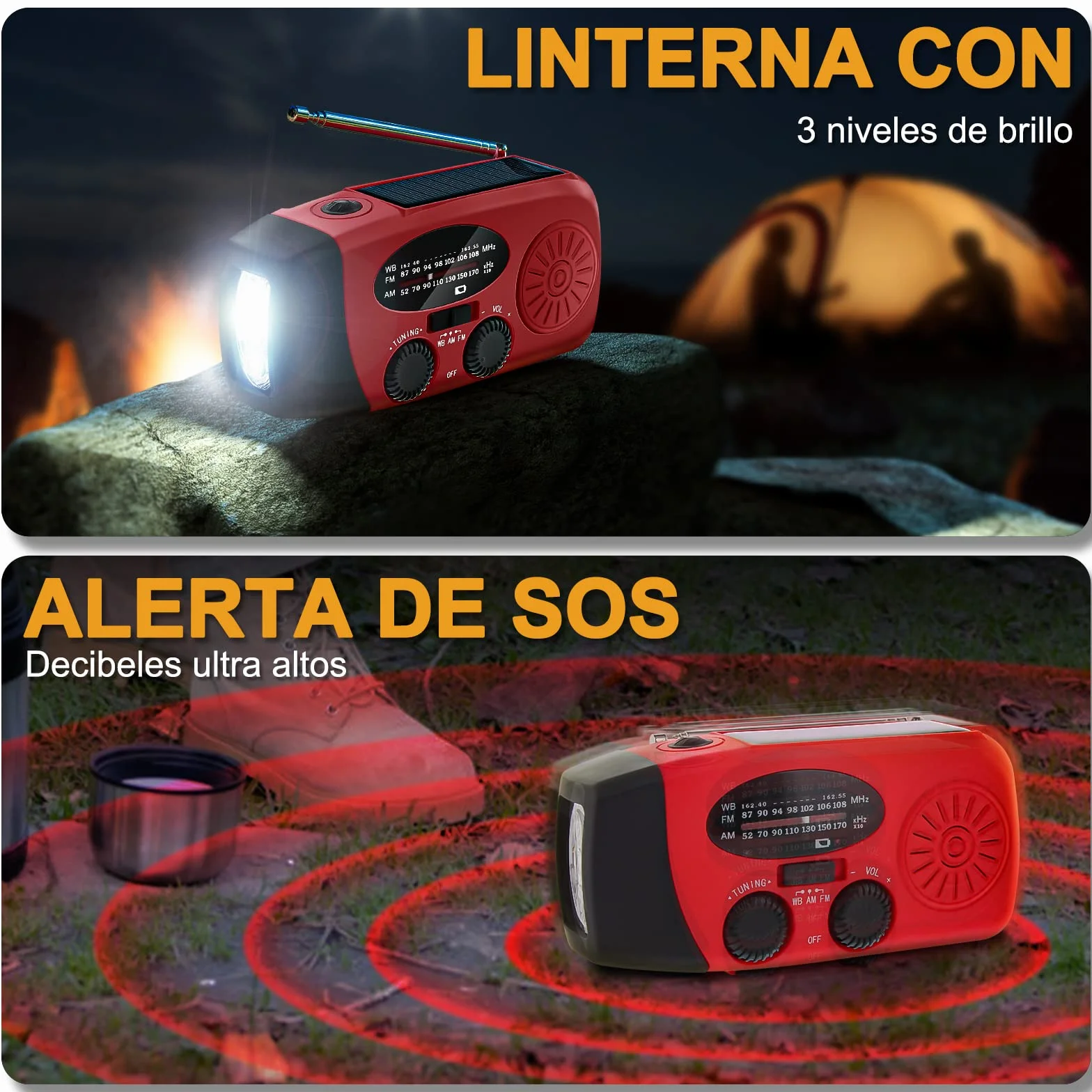 Radio Solar de Emergencia FM/AM/NOAA Portátil Manivela 2000mAh Power Bank Linterna SOS Recargable Camping