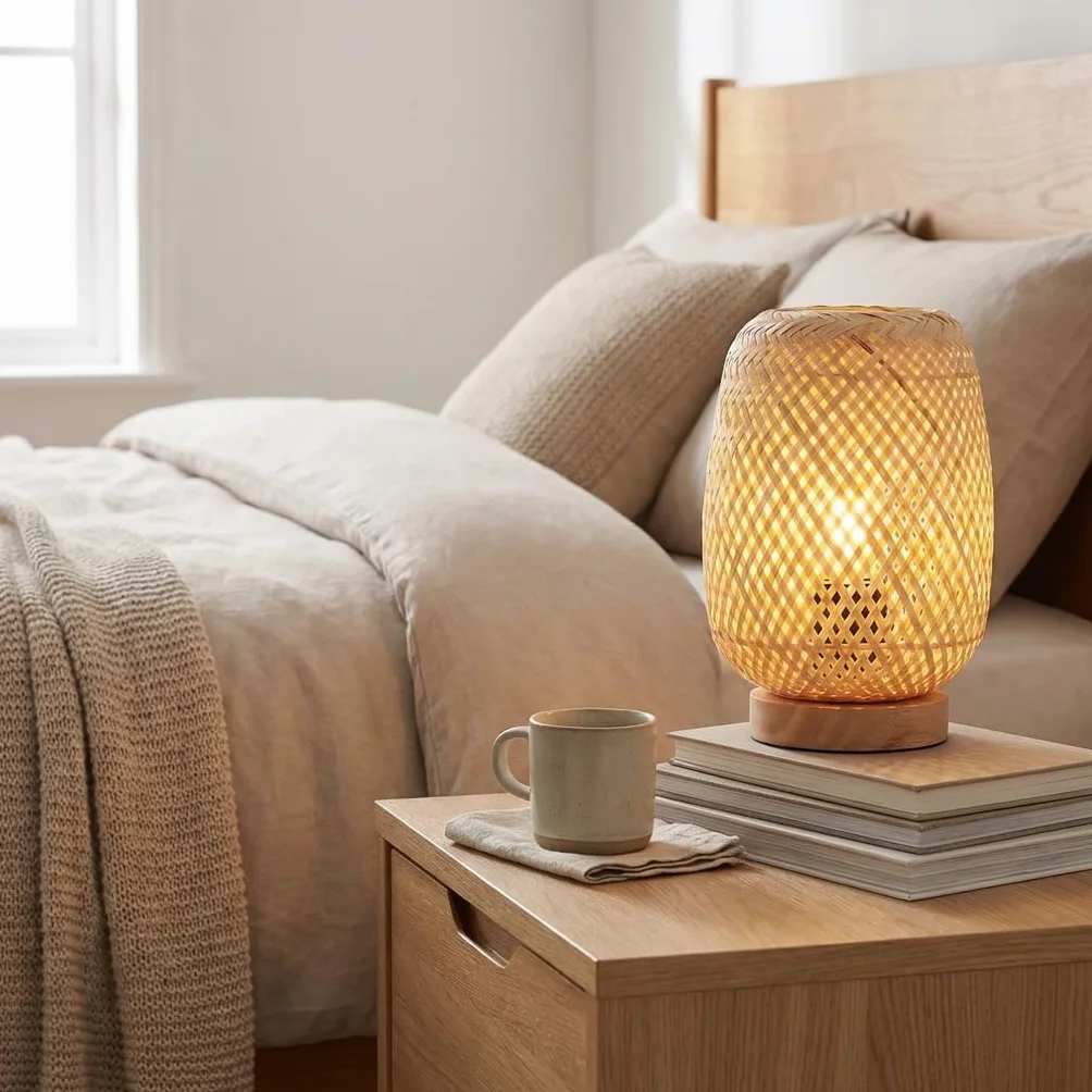Lámpara de Mesa Mimbre Madera Ruka Barcelona LED E27 Estilo Rústico Boho Natural