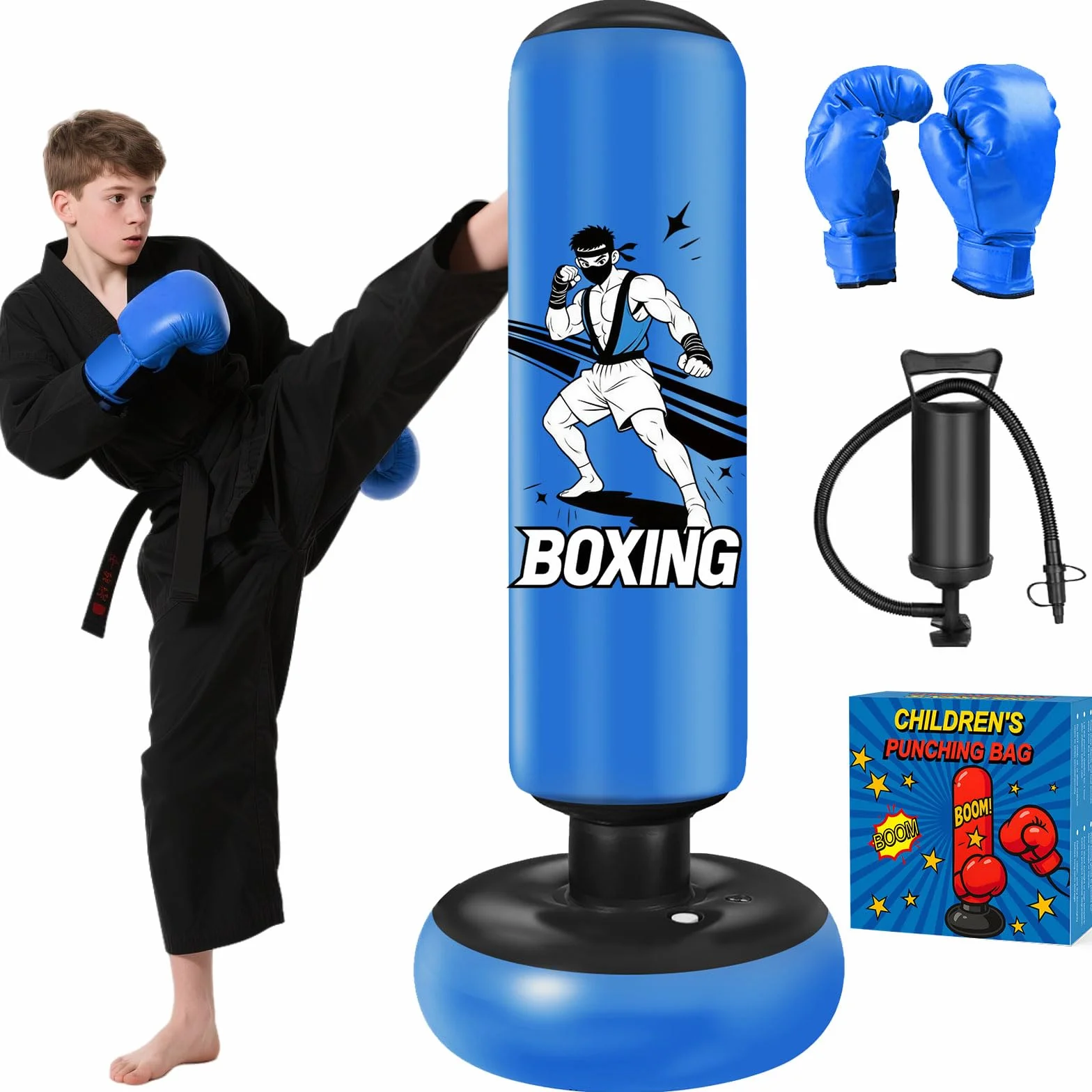 Qoosea Saco de Boxeo Niños, 168cm Bolsa de Boxeo Inflable de Pie con Guantes, Punching Ball Estable para Karate Kickboxing MMA Taekwondo, Regalo Ideal para Niños y Niñas de 3-14 años