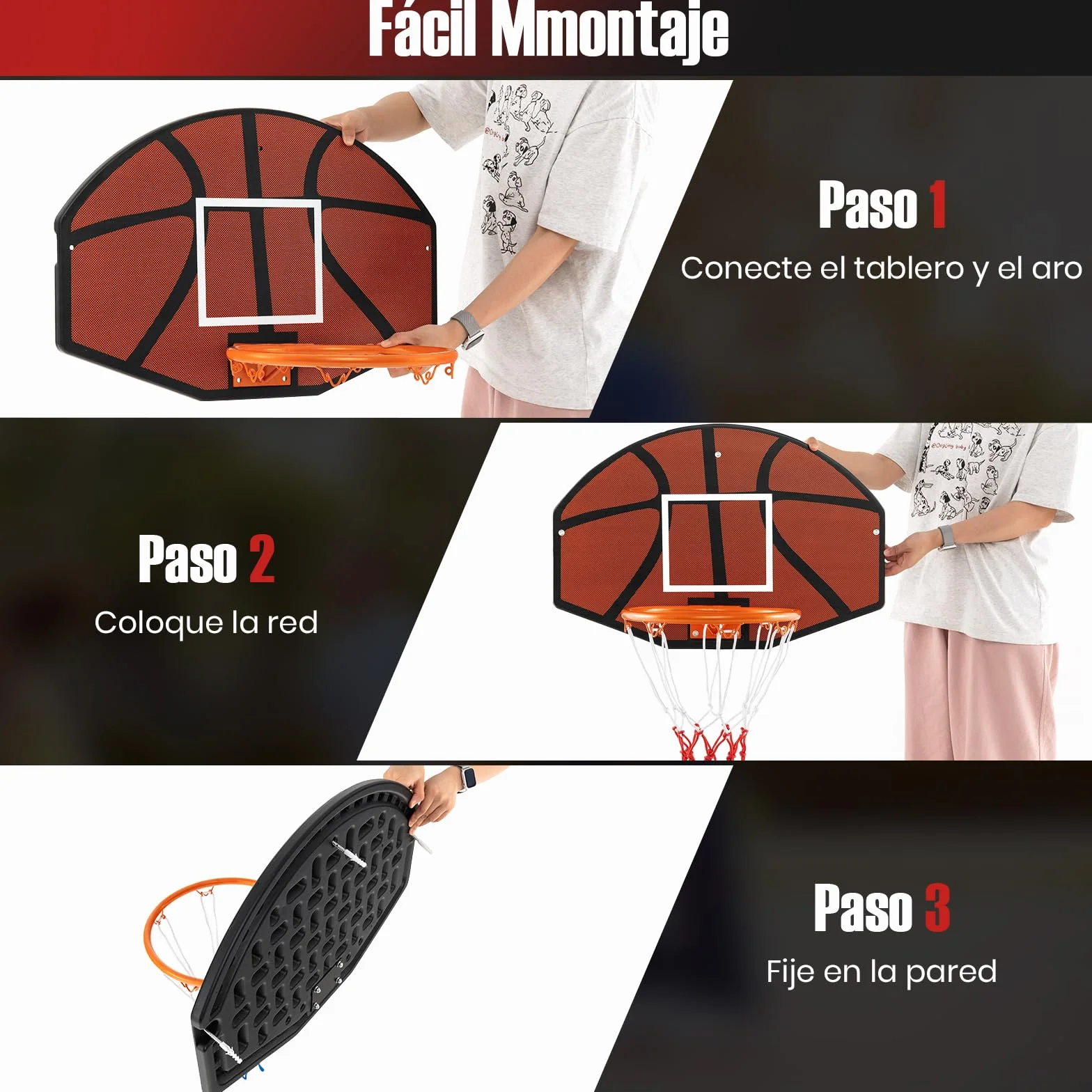 GOPLUS Canasta Baloncesto Montada en la Pared, Tablero con Red, 66x44.5cm