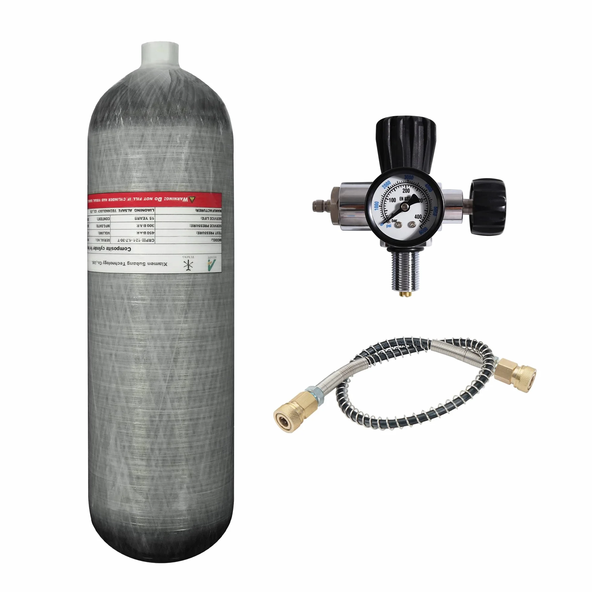 TUXING Depósito de aire de fibra de carbono (botella vacía) de 4,7 l, 4500 psi, estación de llenado de paintball con regulador de válvula y manómetro para juegos PCP
