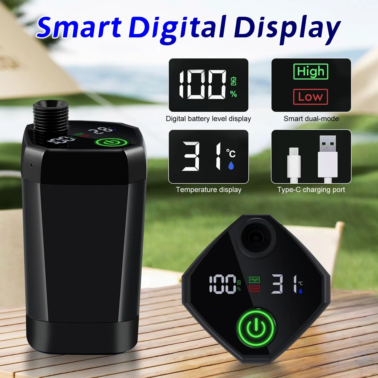 Ducha Portatil Camping con Pantalla LED – Bomba de Ducha Exterior IPX7 Impermeable para Jardín, Playa, Coche y Mascotas