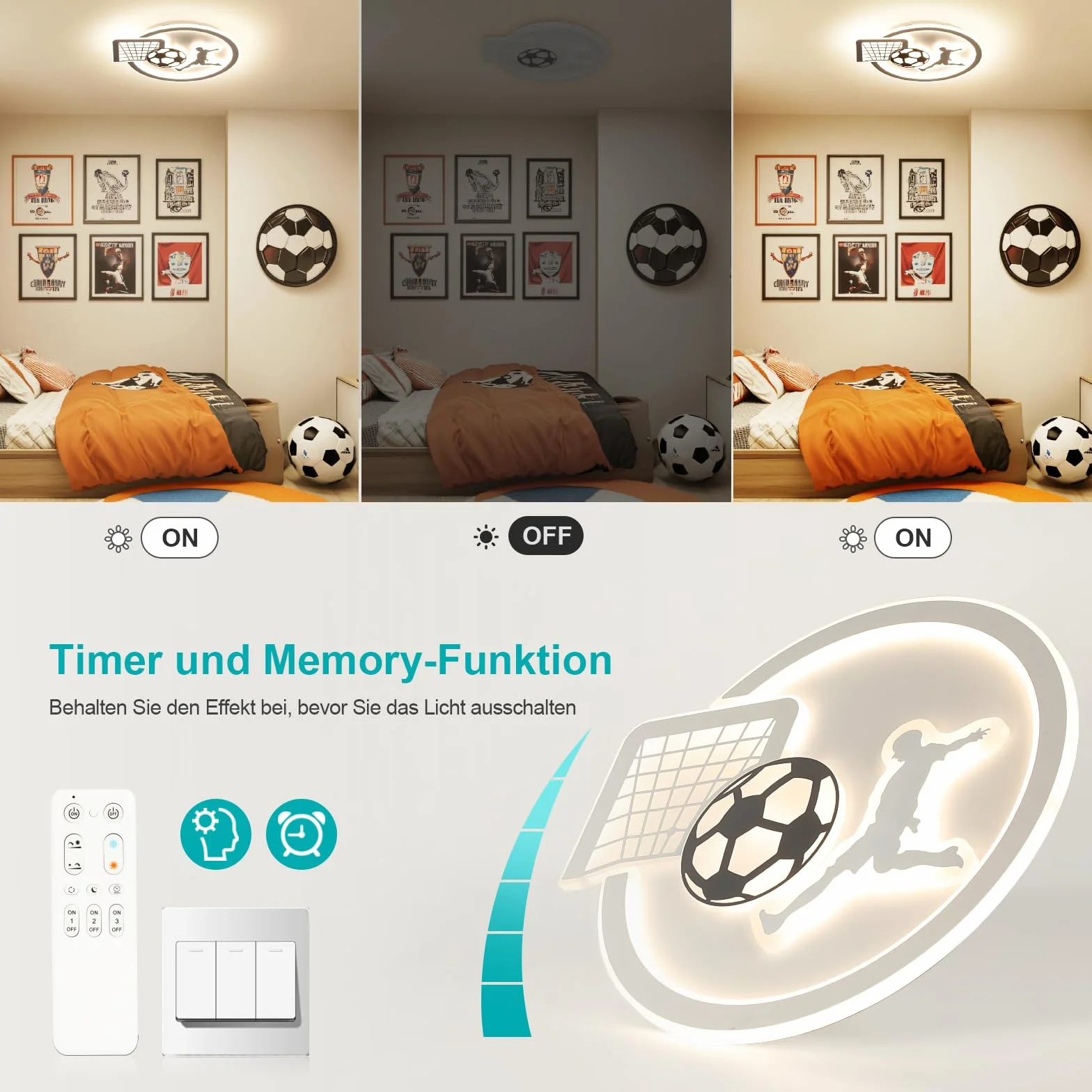 OTREN Plafon LED Techo Infantil Regulable con Control Remoto, Fútbol Luces con Timing y Luz Nocturna, 44 cm