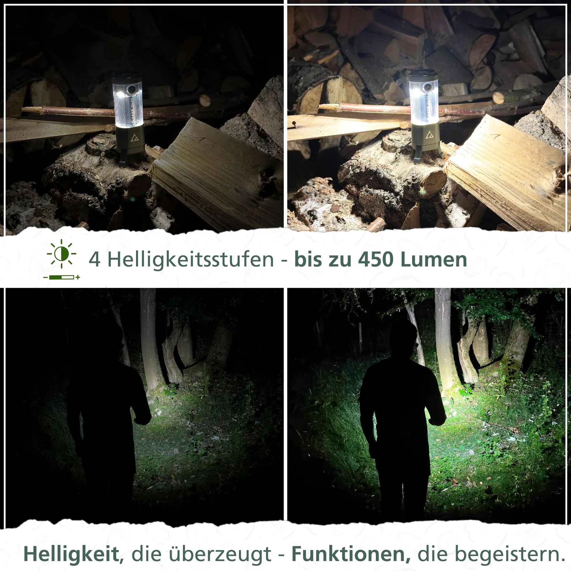 Acta Berg Lámpara LED de camping de 450 lúmenes – recargable con batería y banco de energía (4000 mAh), hasta 150 h de autonomía, IP44 resistente al agua, lámpara de tienda de campaña, linterna y