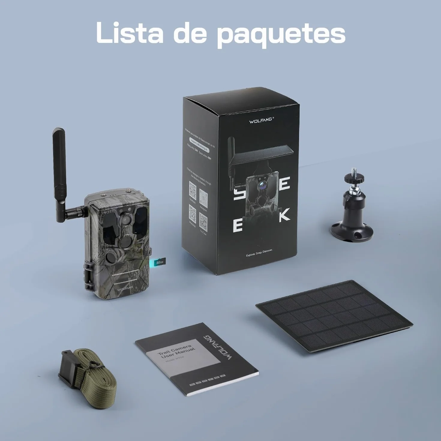 WOLFANG Cámara de Caza Solar, 4G LTE Camara Fototrampeo 2.5K con Detección PIR Nocturna por Infrarrojos Invisible, Alerta, Audio Bidireccional, IP66 para Vida Silvestre y Monitoreo de Seguridad