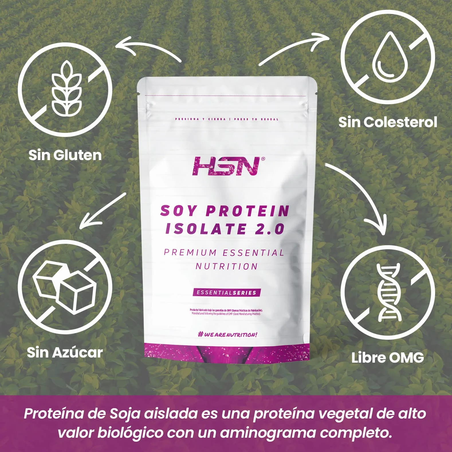 Proteína de Soja Aislada HSN 2 Kg Sin Sabor 100% Vegana No-GMO Sin Gluten