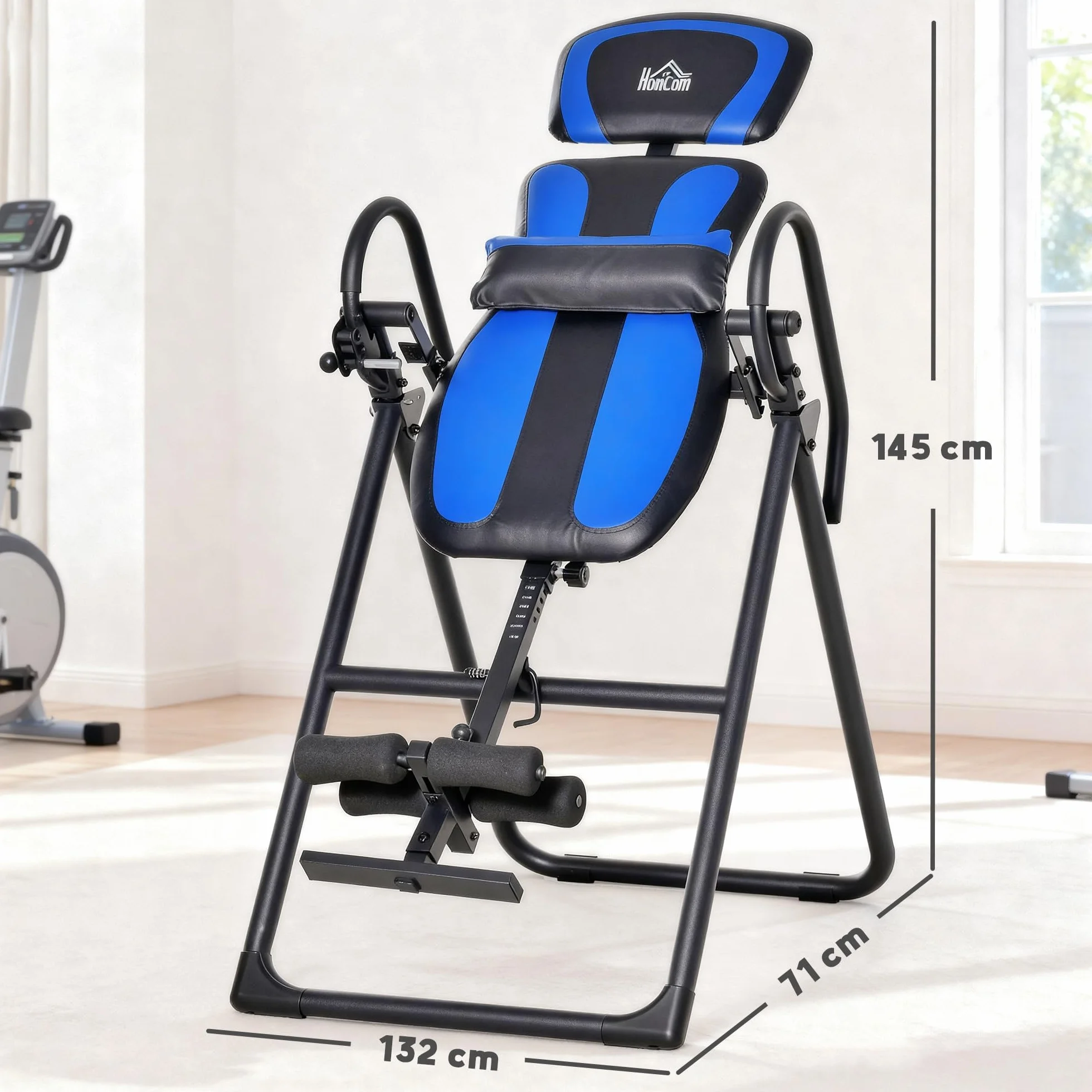 HOMCOM Tabla de Inversión Plegable con Ruedas, Altura Ajustable 140-203 cm, Banco de Inversión con Cinturón de Seguridad y Soporte de Lumbar, para Aliviar Espalda y Mejorar la Circulación
