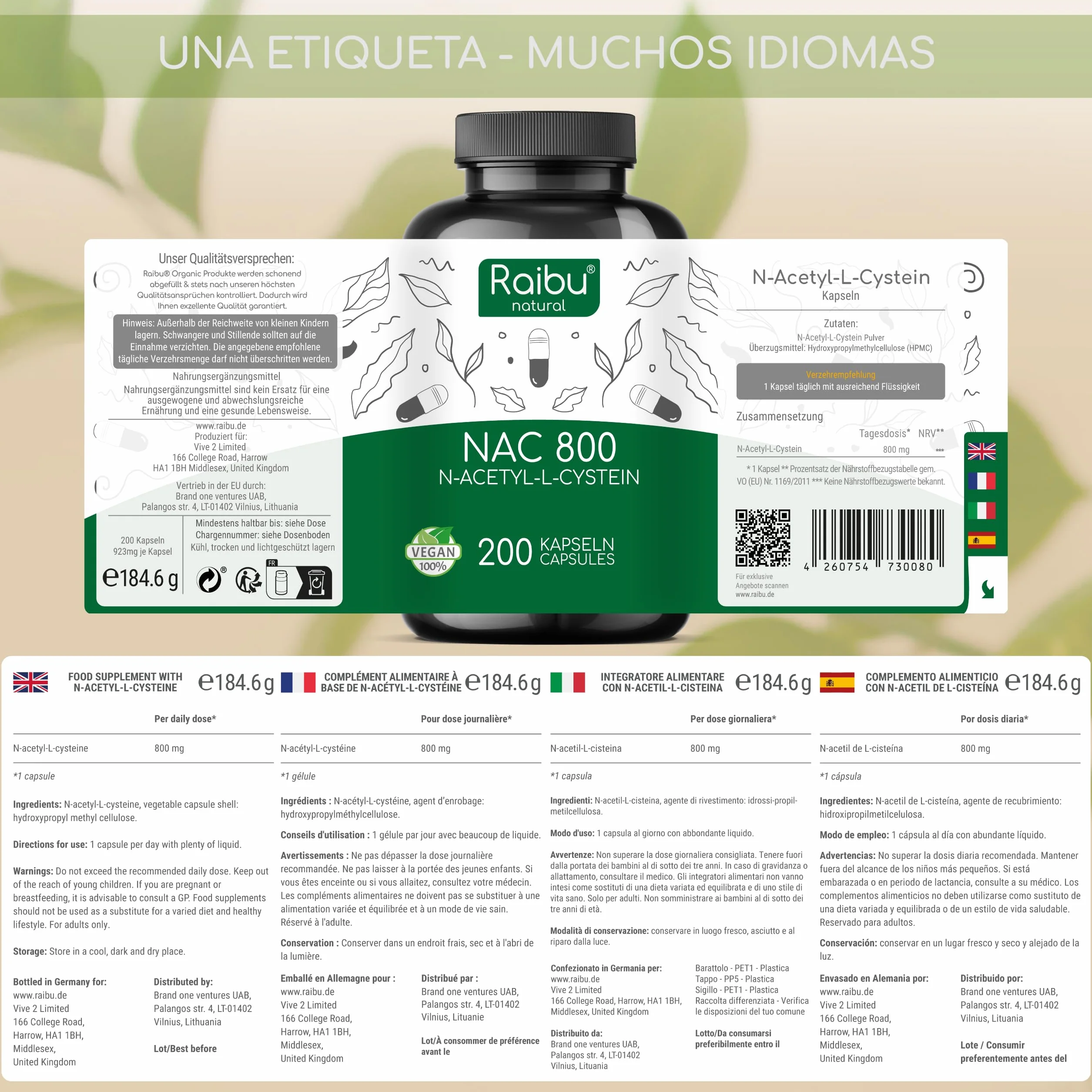 NAC N-Acetil-Cisteína 800 mg 200 Cápsulas Alta Biodisponibilidad Vegano