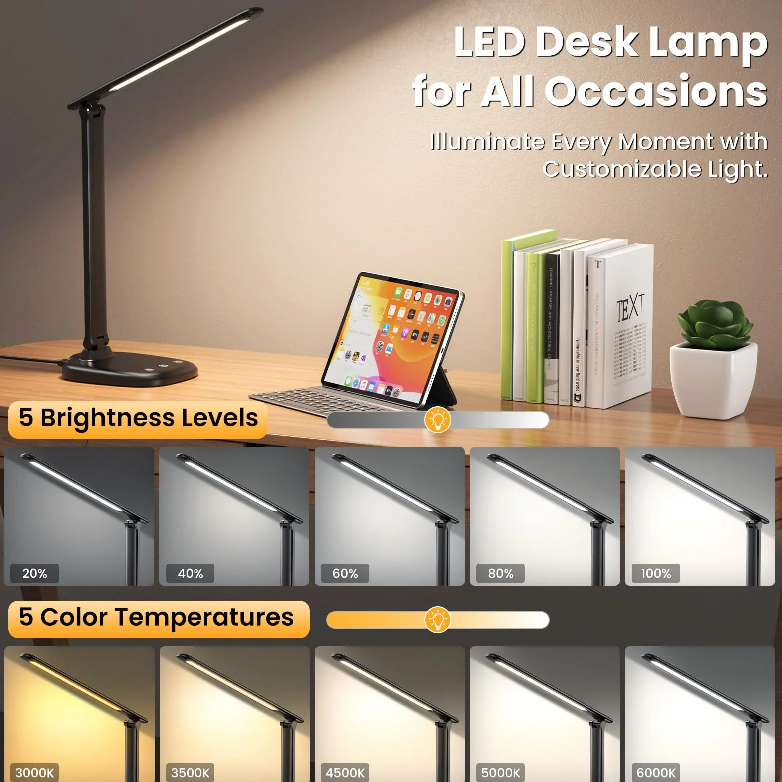 Lámpara de Escritorio LED, 5 Modos, Batería 4000mAh, Puerto USB, Control Táctil, Temporizador