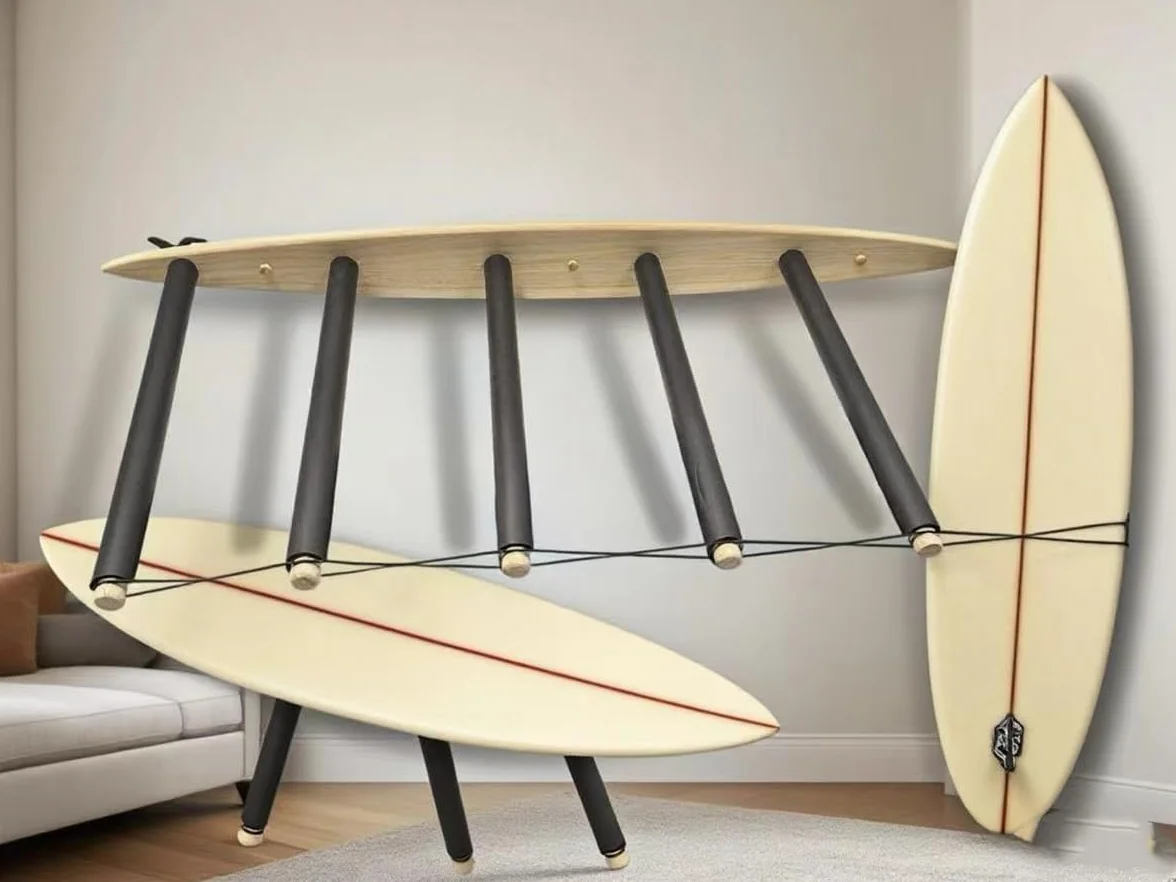 Soporte vertical para tabla de surf - Madera dura duradera con alfombra de goma, 6 brazos (5 a 6 tablas), soporte de surf para pared, almacenamiento de tablas de surf, wakeboard, tabla de