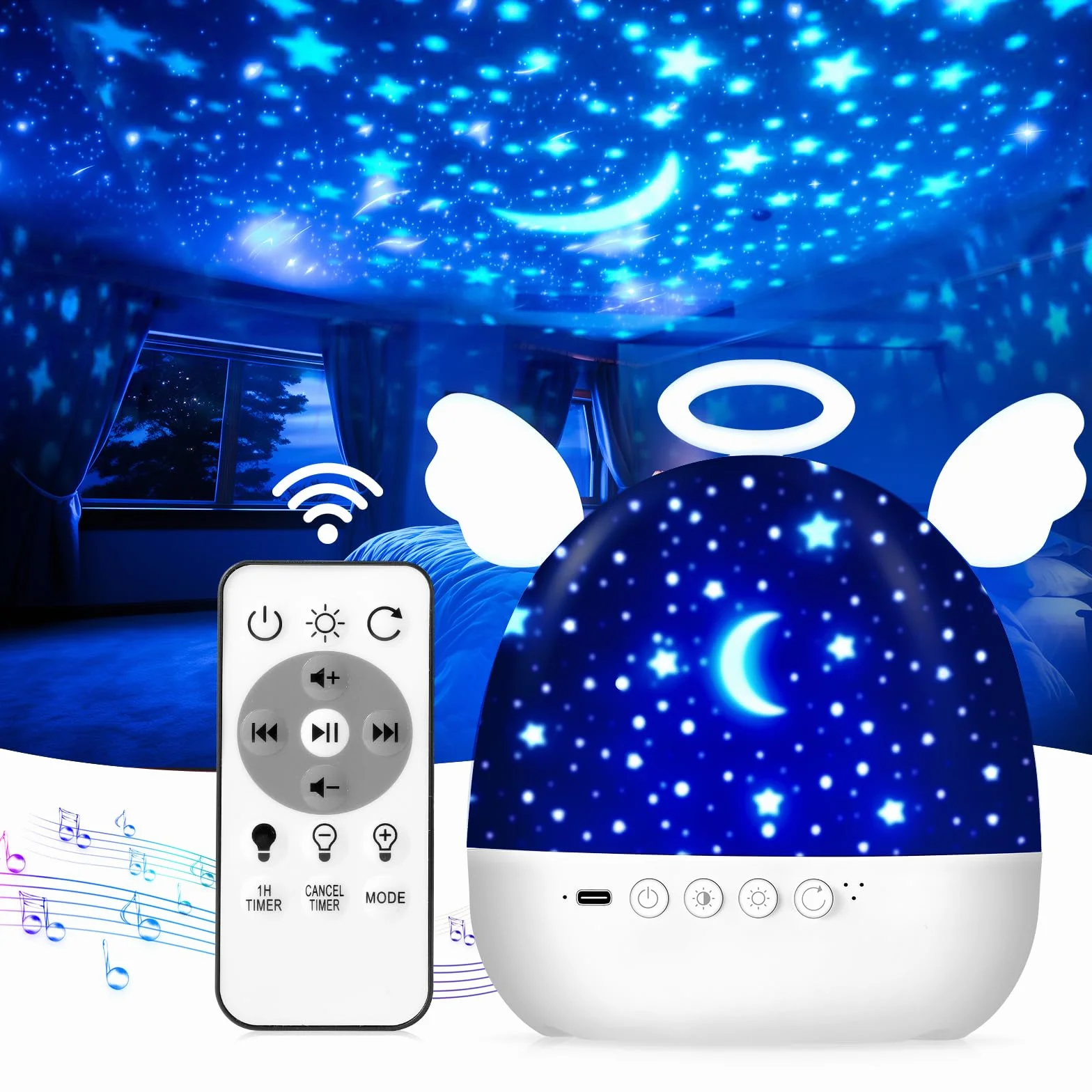 Proyector Estrellas Infantil 22 Temas Luz Nocturna 360° Rotación Proyector Bebes Luces Musica Control Remoto Temporizador Recargable