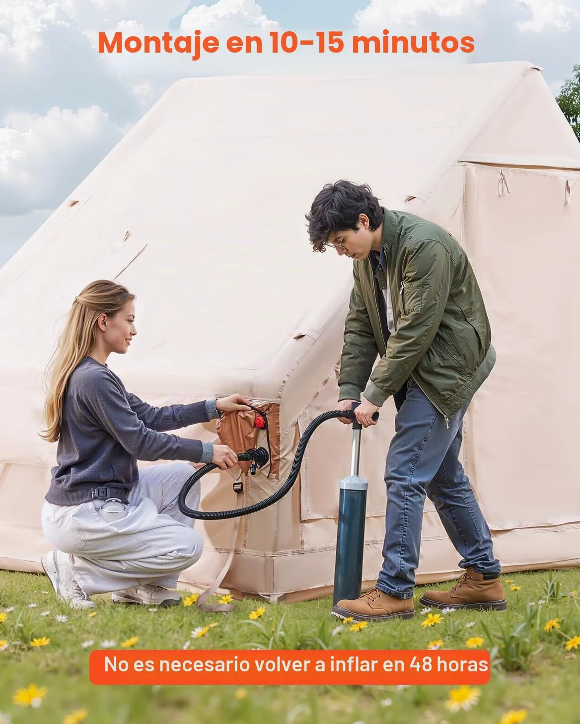VEVOR Tienda Inflable para Acampar, Carpa Inflable de para Personas con Bomba Manual, Conector para Estufa, Puertas y Ventanas de Malla, Bolsa de Almacenamiento
