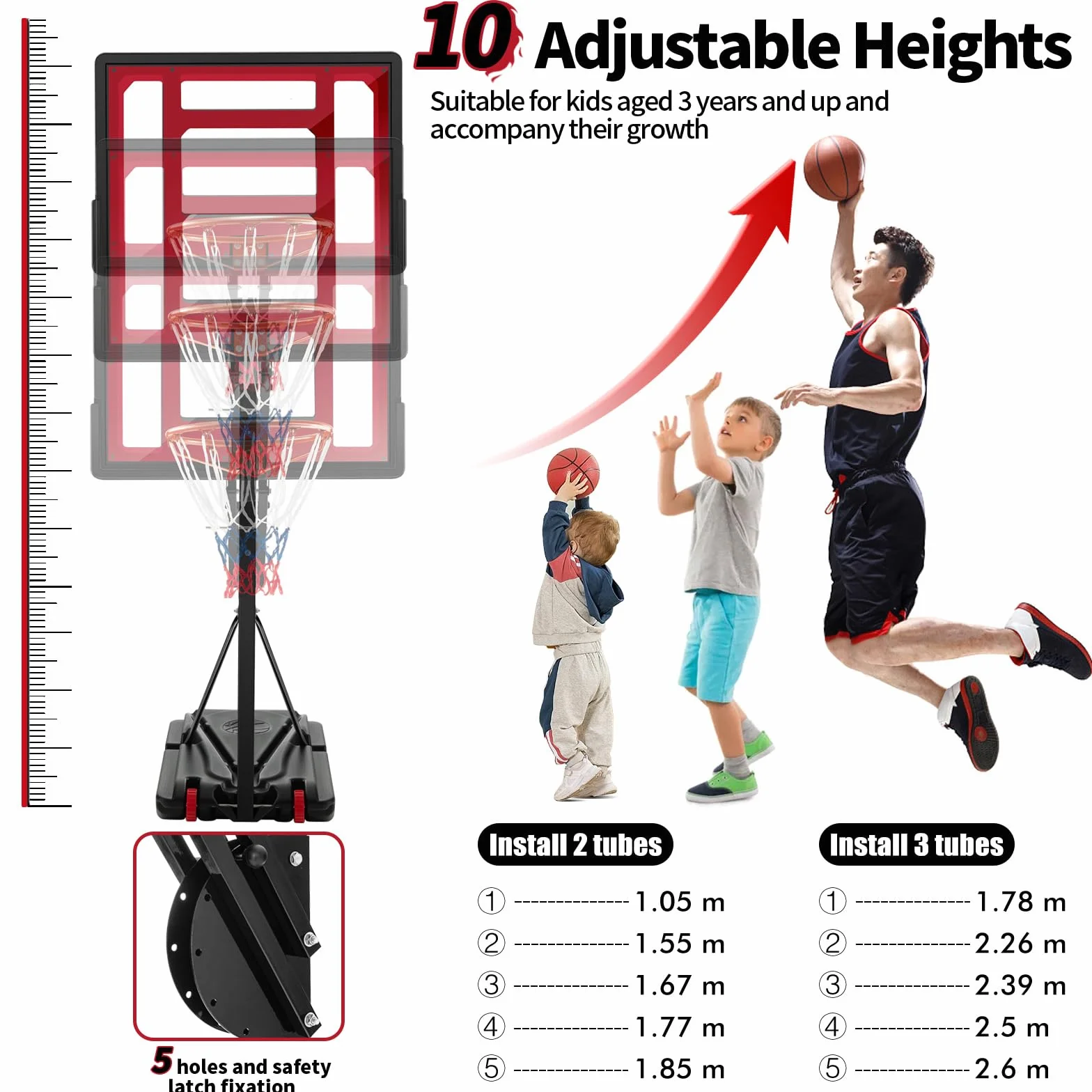 KOMFOTTEU Canasta de Baloncesto Altura Ajustable 105-260 cm Portátil con Ruedas Base Rellenable