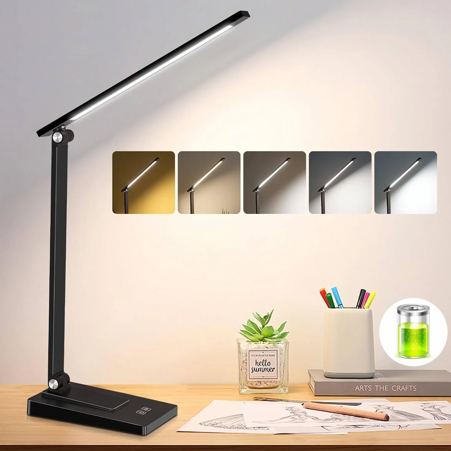 Lámpara Escritorio LED, 800LM 2600mAh Flexo LED Escritorio sin Cable, 5 Modos, 5 Niveles de Brillo Lámpara de Mesa Aluminio & Plegable con Puerto USB para Cama, Estudiar