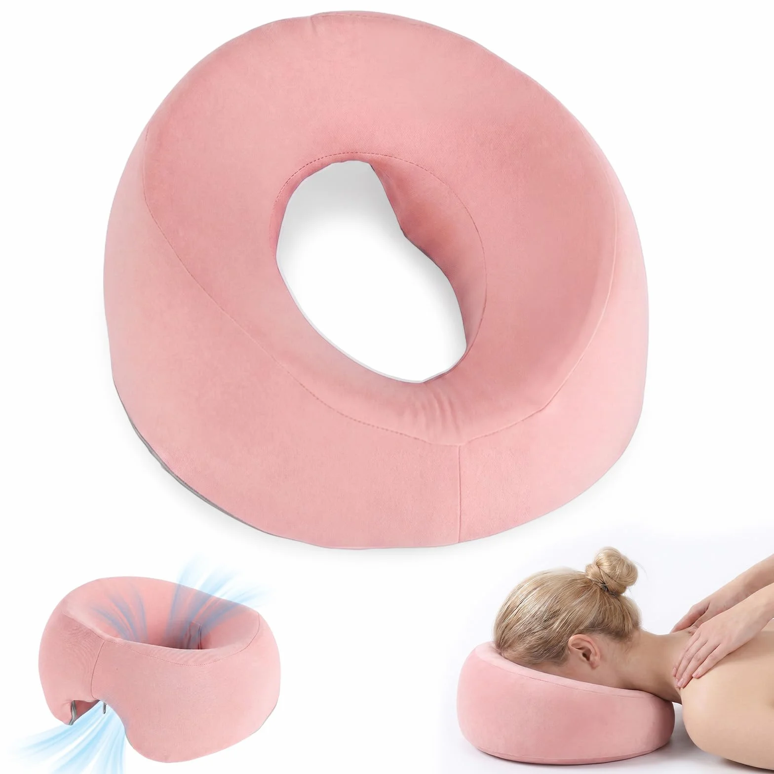 Almohada de Masaje Facial Boca Abajo con Agujero - Reposacabezas en Forma de U con Espuma Viscoelástica Rosa