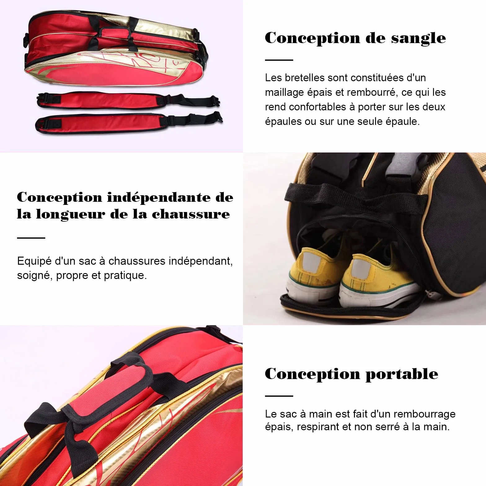Bolsa de raqueta de bádminton con organizador de 3 a 6 raquetas de nieve, impermeable, bolsa de transporte de tenis portátil con almacenamiento de calzado, ropa, bolsa de hombro de gran