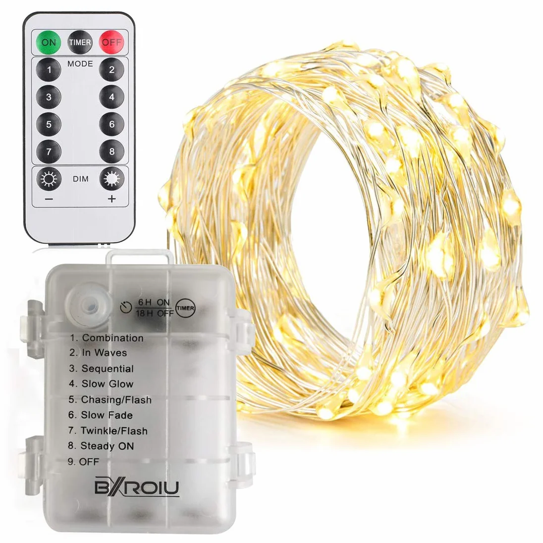 Guirnalda luces pilas 5m 50 LEDs alambre plateado 8 modos control remoto temporizador