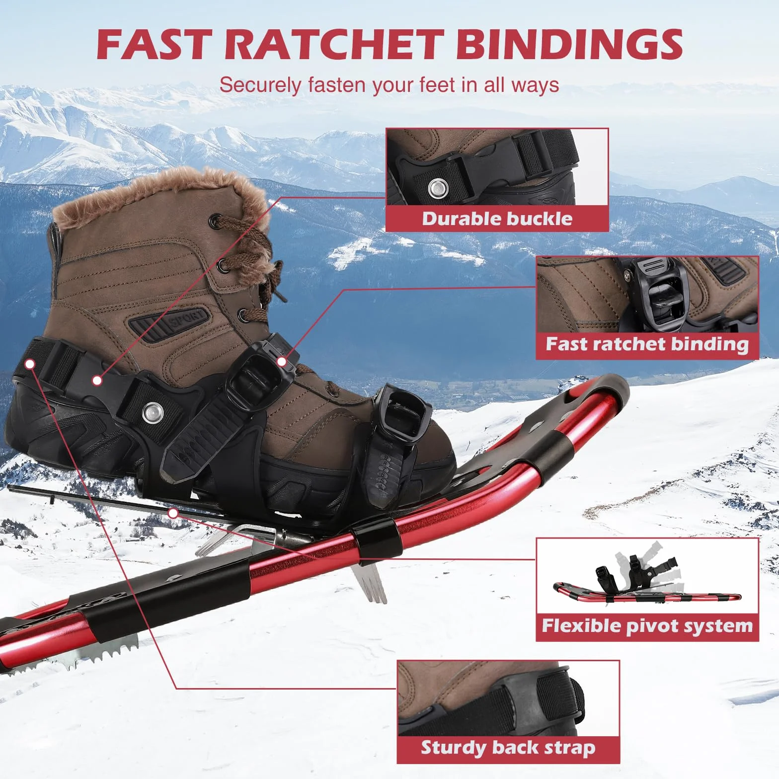 Kit de Raquetas de Nieve 4 en 1 para Hombres, Mujeres y Jóvenes, Raquetas Ligeras de Aluminio con Bastones de Senderismo Ajustables, Polainas Impermeables y Bolsa de Transporte (Rojo, 53/63/76cm)