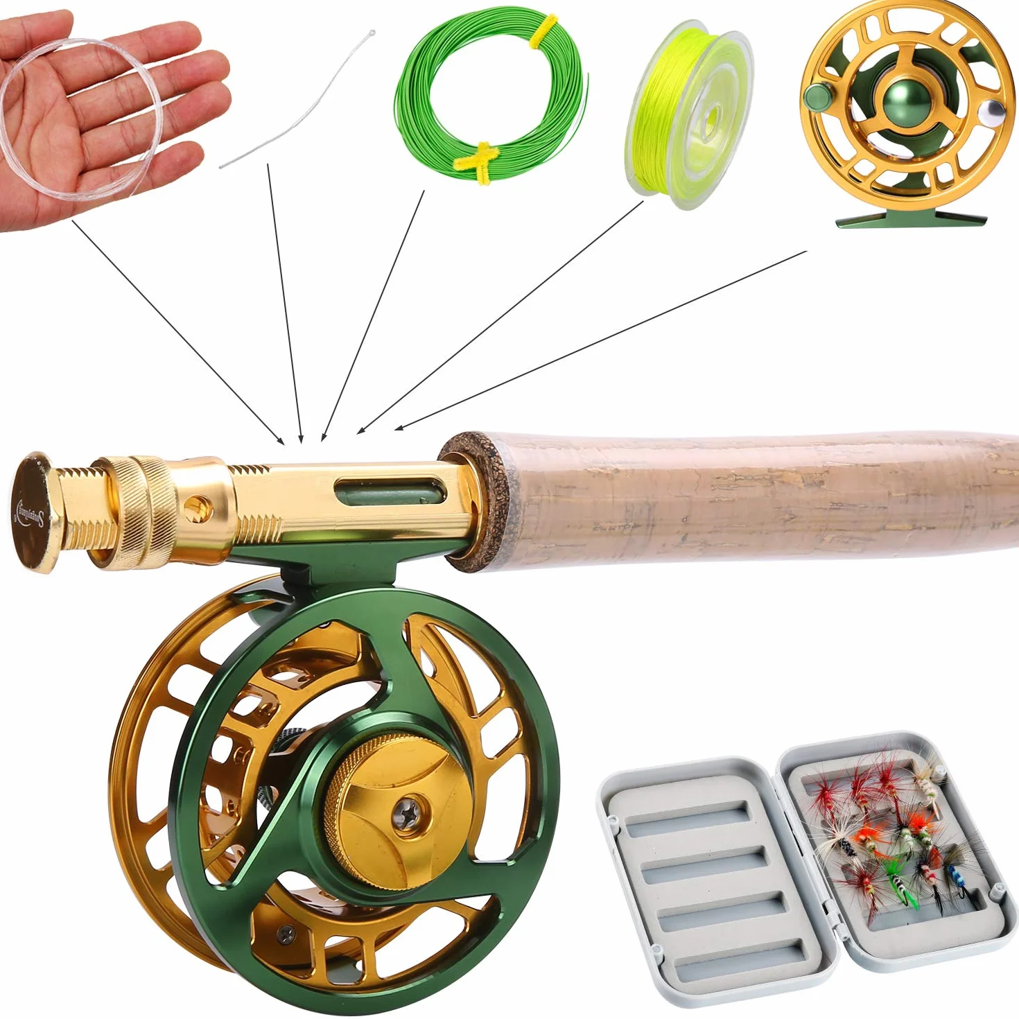 Sougayilang Combos de Carrete de caña de Pescar con Mosca con caña de Pescar Ligera y portátil y Carrete de Mosca, Paquete Completo de Inicio de Pesca con Mosca