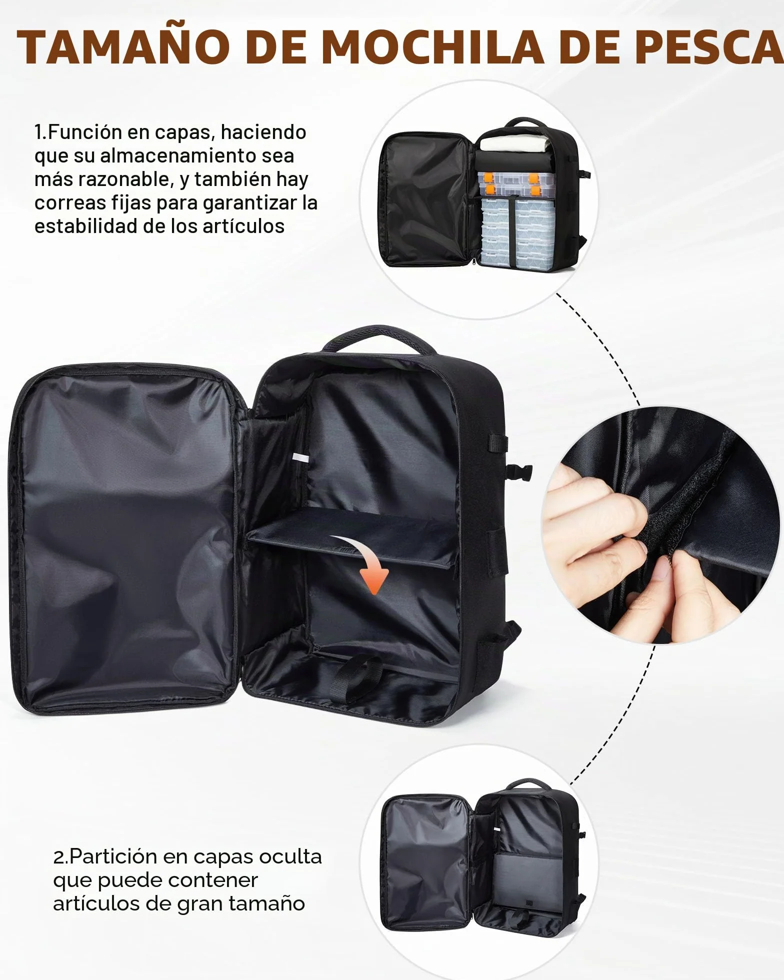 WEFLIER Mochilas de Pesca, Bolsos de Equipos de Con Accesorios de Pesca Con Palos de, Bolsos de Viaje Con Bolsas de Almacenamiento 48l, Caza de Campamento, Camping, Trekking, Negro