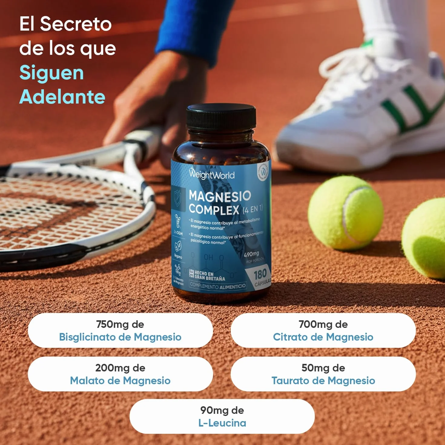 Magnesio Complex 490mg 180 Cápsulas - Citrato, Bisglicinato, Malato, Taurato de Magnesio, L-Leucina, Vegano, Sin Gluten