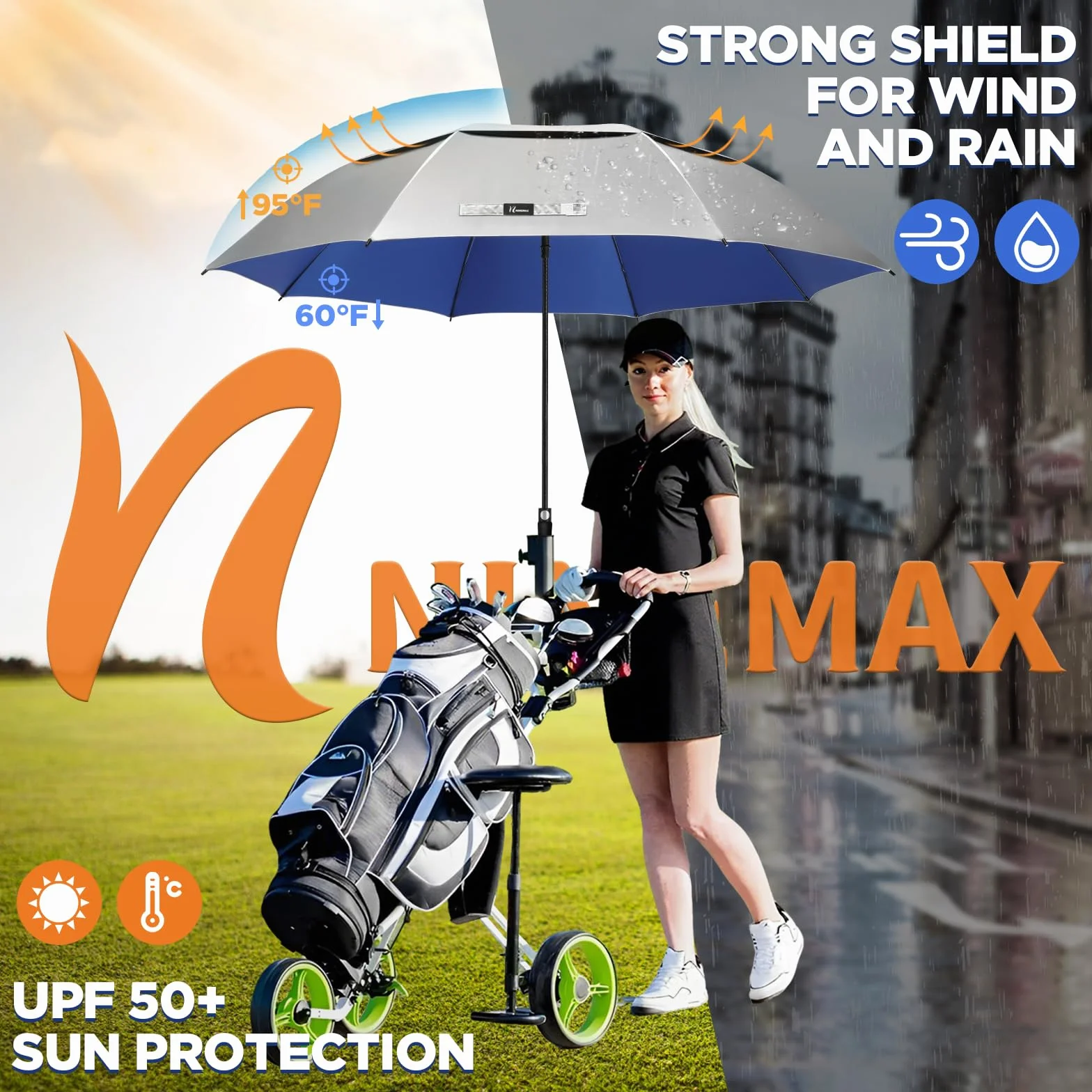 NINEMAX Paraguas Grande Solar UV XXL Antiviento Resistente al Viento Fuerte Plata Azul