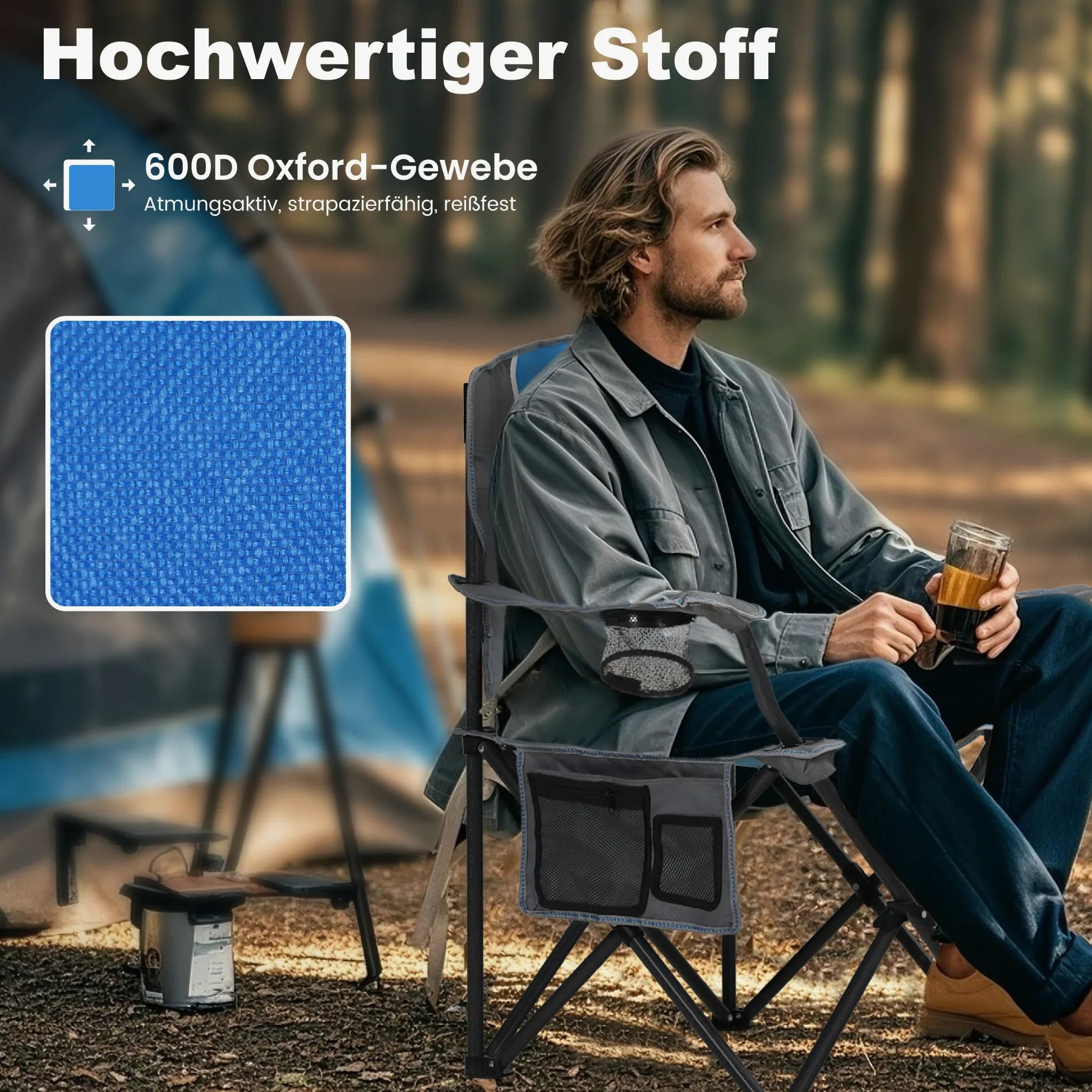LET'S CAMP Silla plegable para camping, hasta 160 kg | Con soporte para bebidas, bolsa de transporte XL, silla plegable, color azul