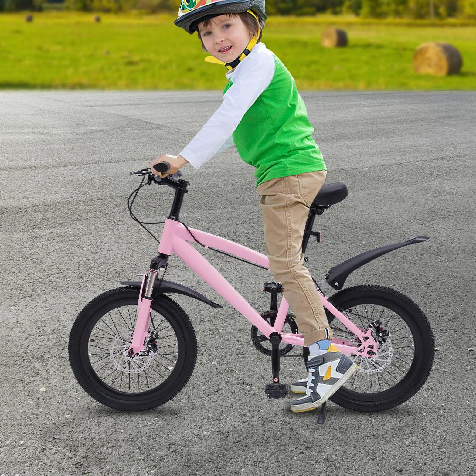 Bicicleta de montaña 18 pulgadas niños guardabarros reflectores freno pedal rosa negro