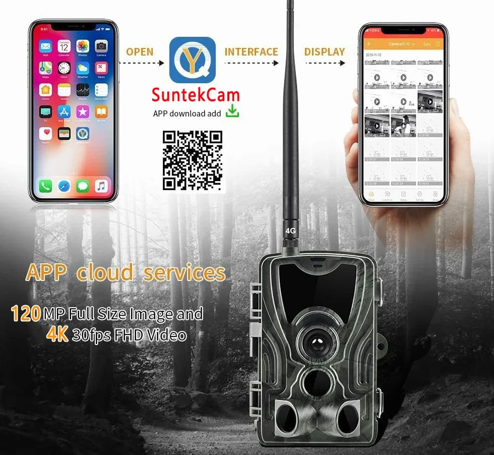 Camara Fototrampeo 4G con App, 120MP 4K Camara Caza con SIM para Teléfono Enviar Fotos, Cámara de Caza Nocturna, Movimiento Activado, Impermeable Cámara Fototrampeo infrarroja 850 NM IR LED