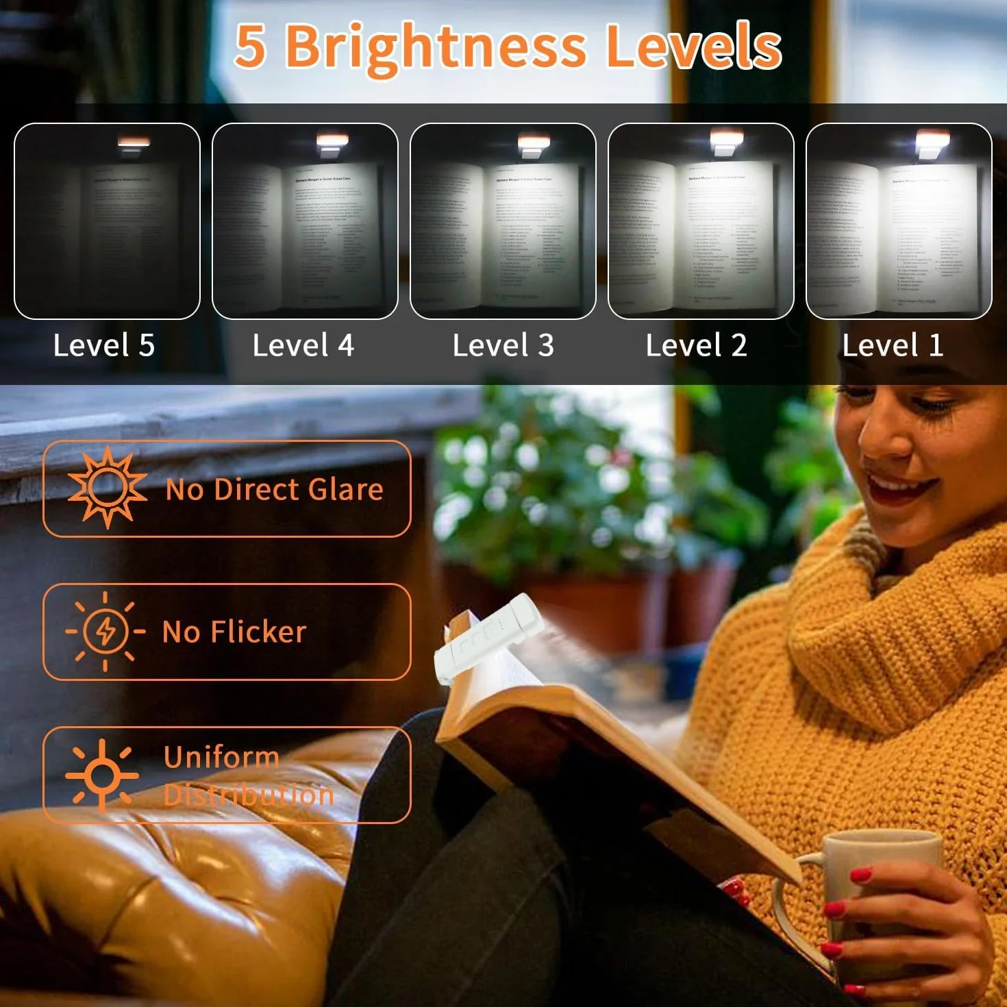 QUMOX Lámpara de Lectura LED con Clip, 3 Tonos Ámbar, 5 Niveles de Brillo, Temporizador, Recargable por USB