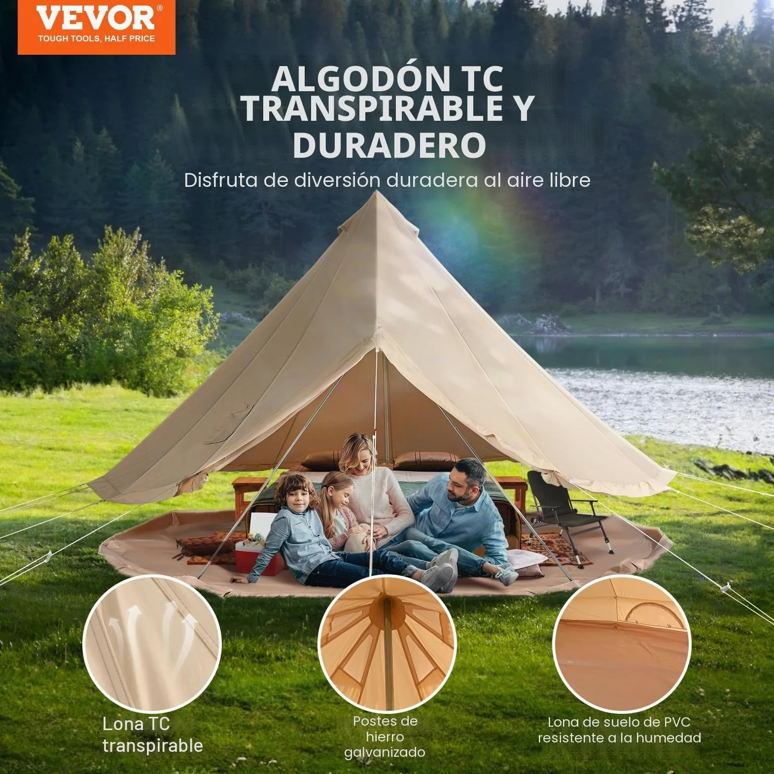 VEVOR Tienda de campaña de lona para 4 estaciones, tienda de campaña de lona para acampar con gato de estufa, tienda de campaña transpirable que sostiene a las personas, camping familiar al aire libre