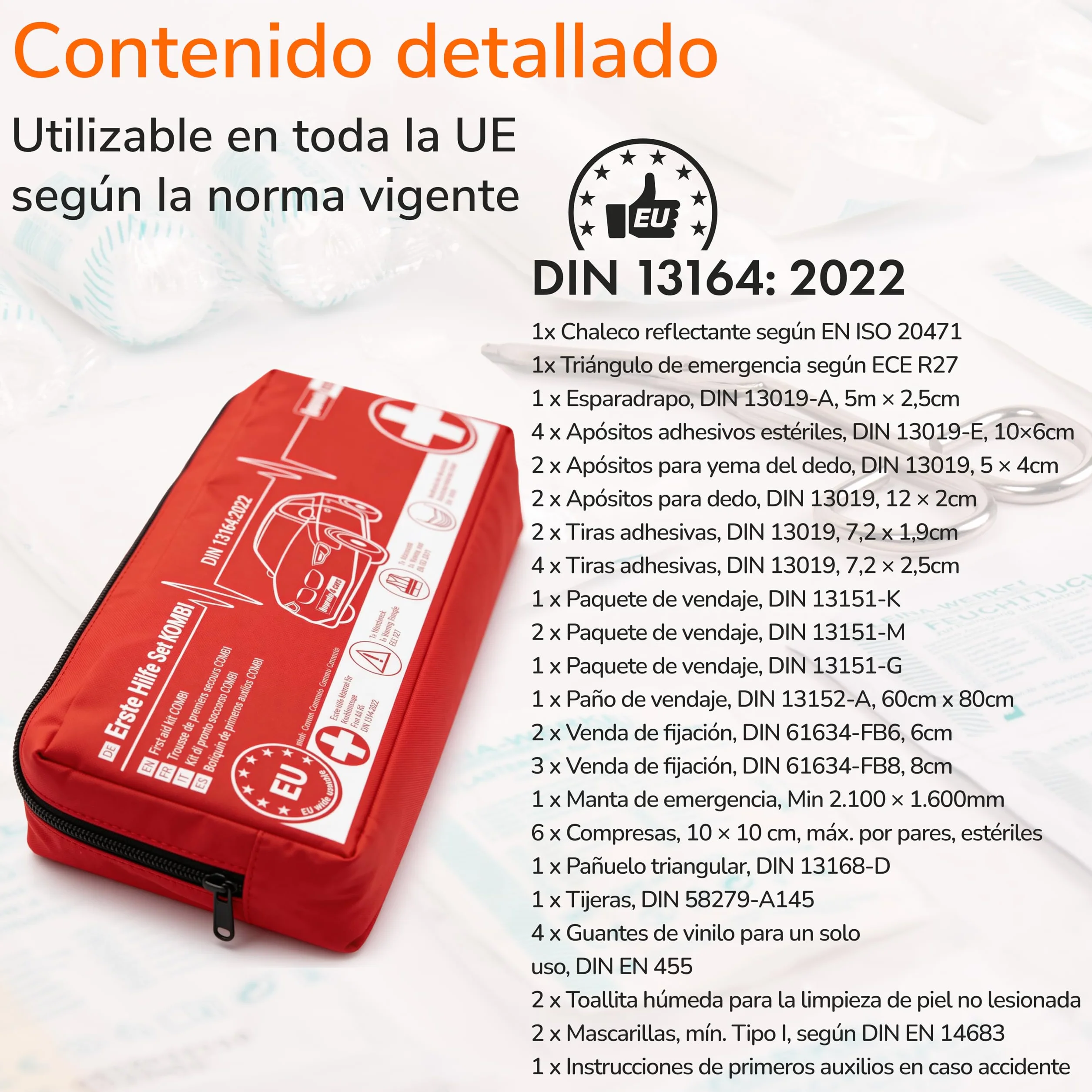 Upgrade4cars Botiquín de Primeros Auxilios Coche 2026 Triángulo Emergencia Chaleco Reflectante DIN 13164