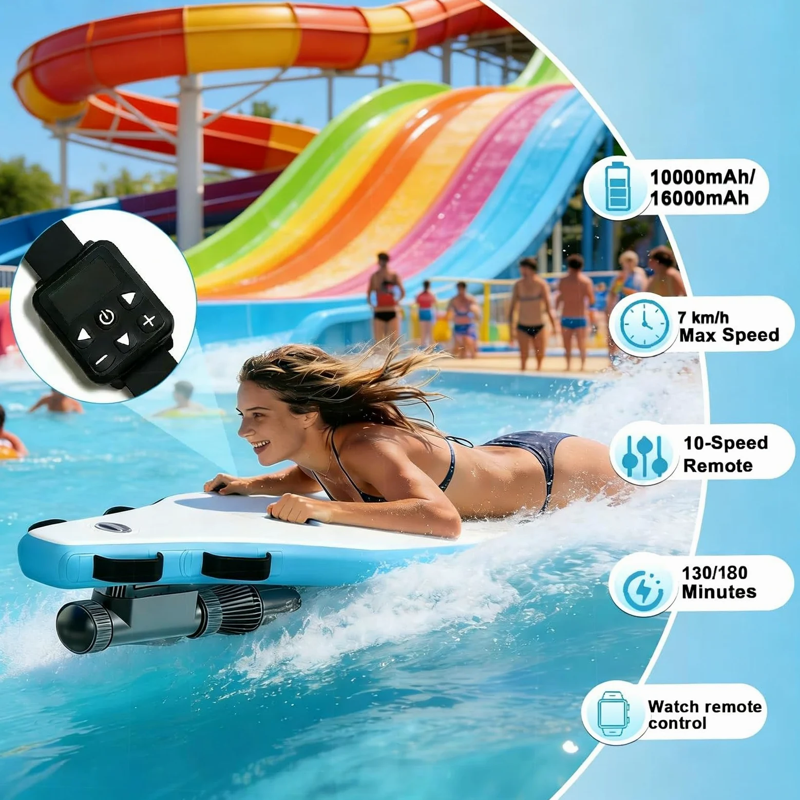 Tabla de surf eléctrica con motor de 500 W, 3-7 km/h, funcionamiento de modo dual, diseño de bodyboard inflable, resistente al agua salada, para principiantes y expertos